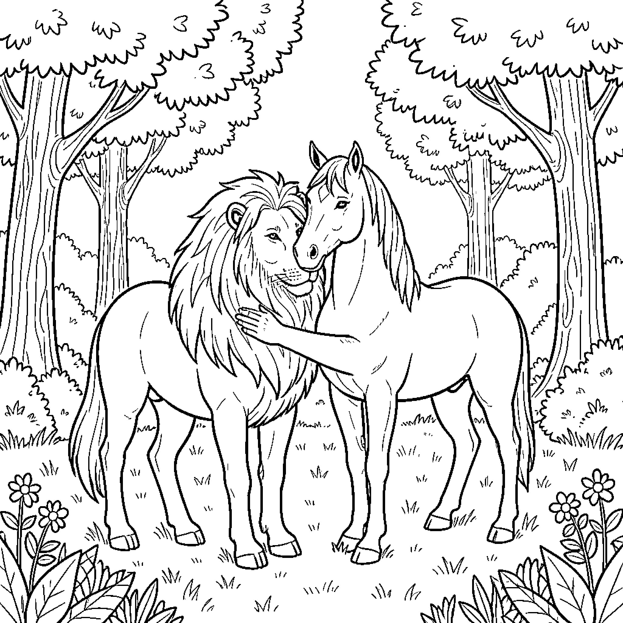 Lion and Horse in Enchanted Forest Coloring Page (free black-and-white line drawing printable PDF for all, from beginners to advanced learners, including children, teens, adults, and seniors)
