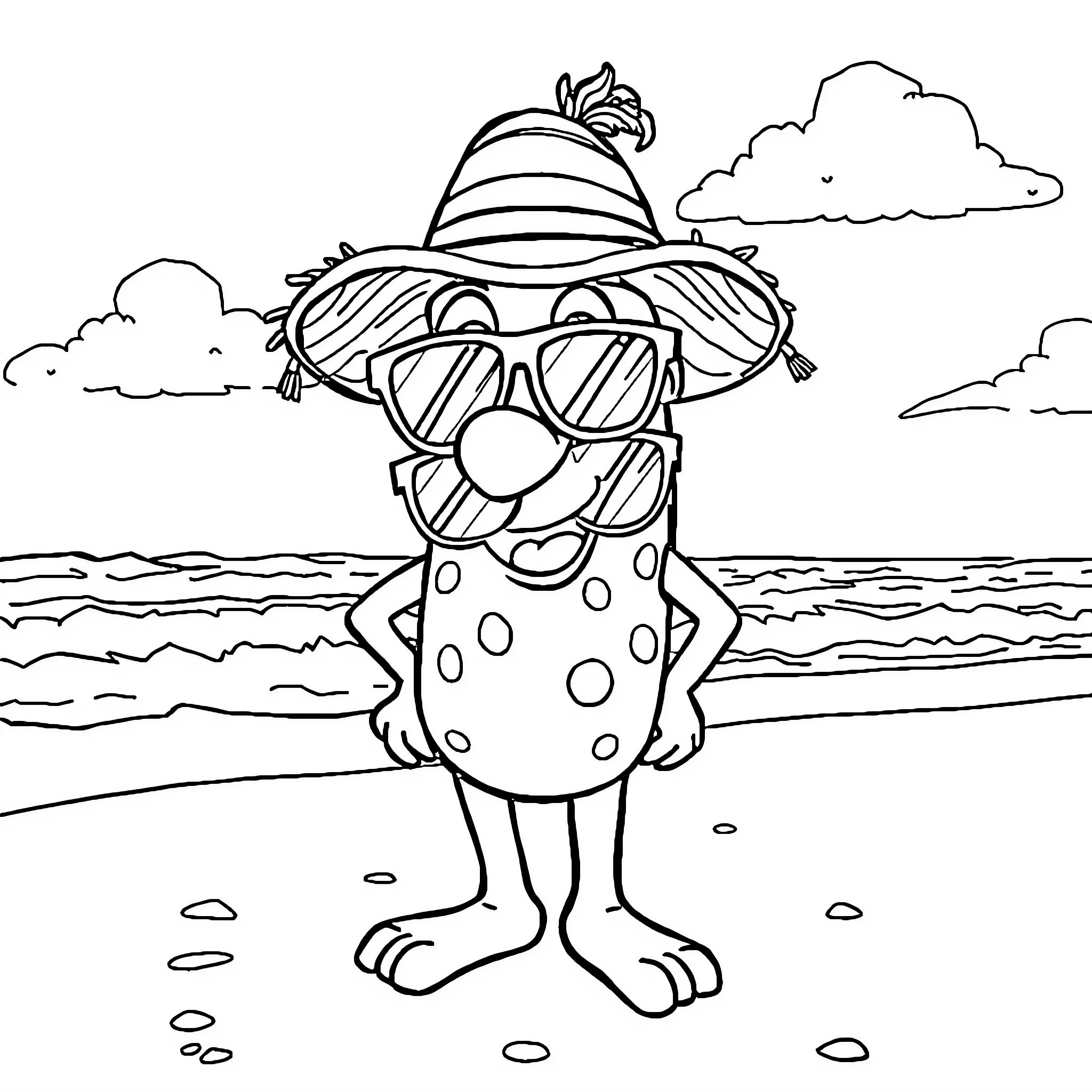 Chuck E. Cheese character on the beach in summer outfit Coloring Page (free black-and-white line drawing printable PDF for all, from beginners to advanced learners, including children, teens, adults, and seniors)