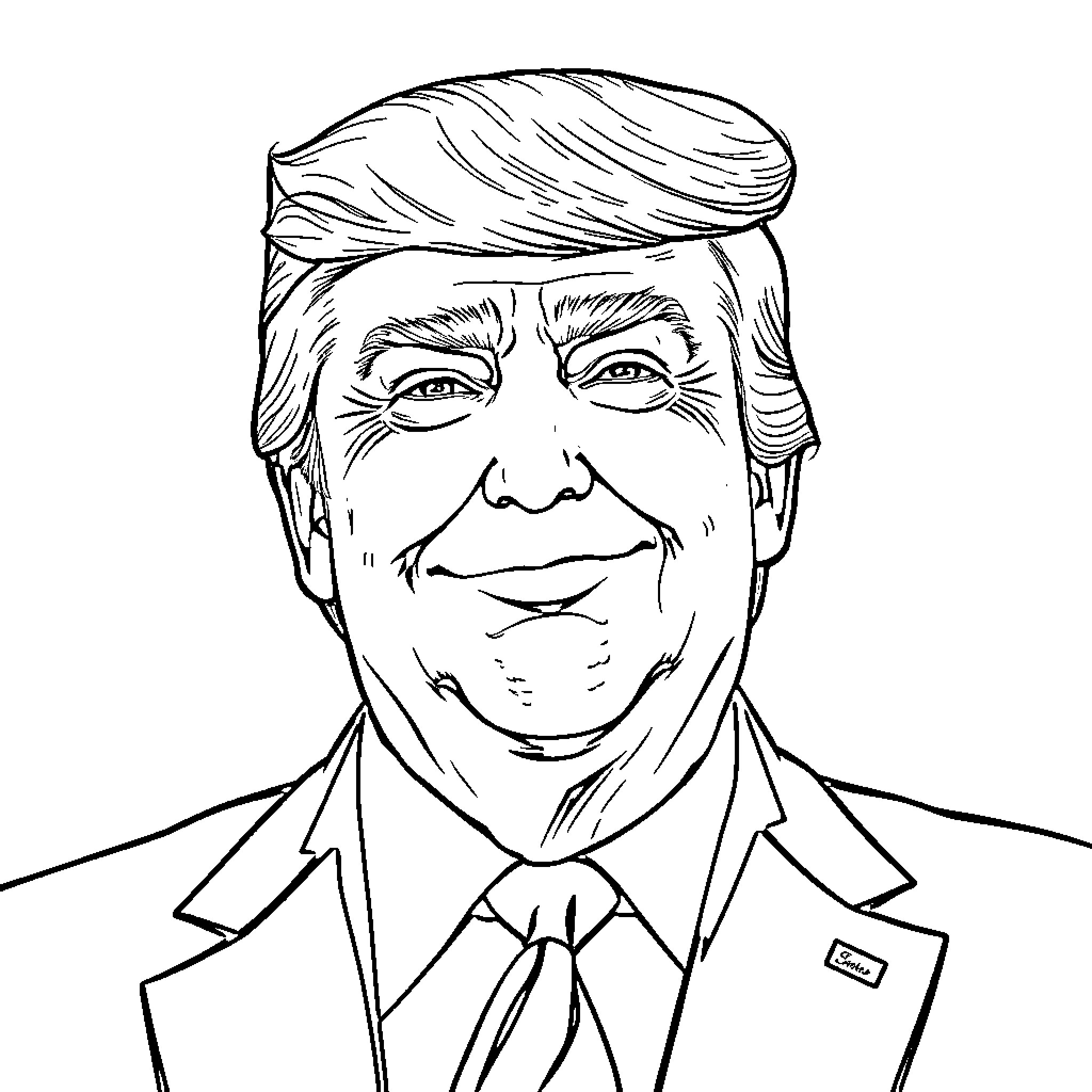 Trump's Formal Attire and Confident Demeanor Coloring Page (free black-and-white line drawing printable PDF for all, from beginners to advanced learners, including children, teens, adults, and seniors)