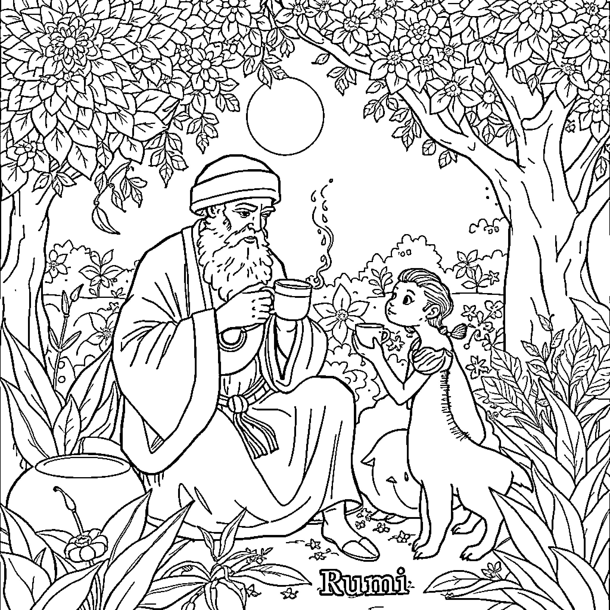 Rumi - A Peaceful Moment in Nature Coloring Page (free black-and-white line drawing printable PDF for all, from beginners to advanced learners, including children, teens, adults, and seniors)