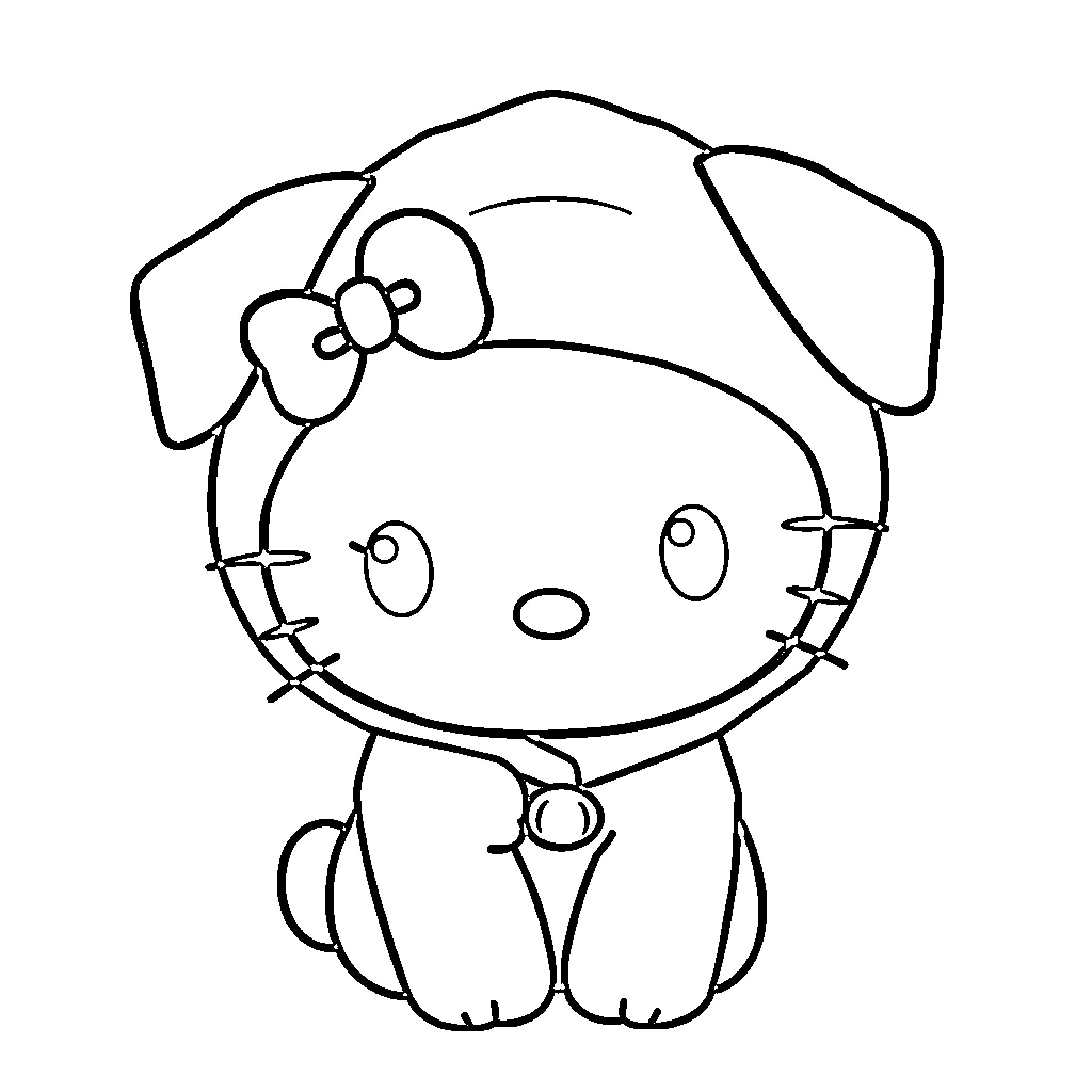 Hello Kitty Puppy Sitting Adorably Coloring Page (free black-and-white line drawing printable PDF for all, from beginners to advanced learners, including children, teens, adults, and seniors)