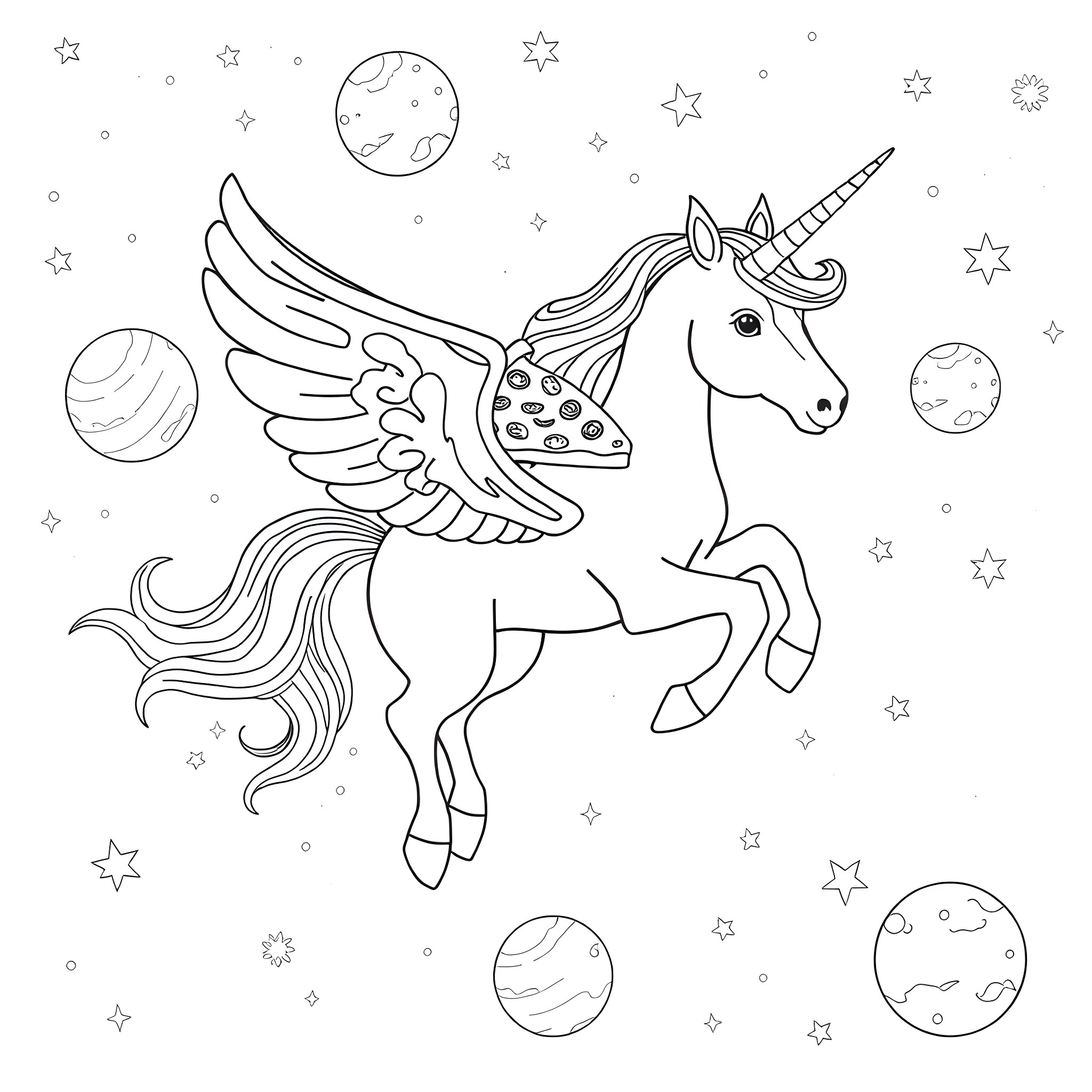 Unicorn soaring through the starry night sky Coloring Page (free black-and-white line drawing printable PDF for all, from beginners to advanced learners, including children, teens, adults, and seniors)