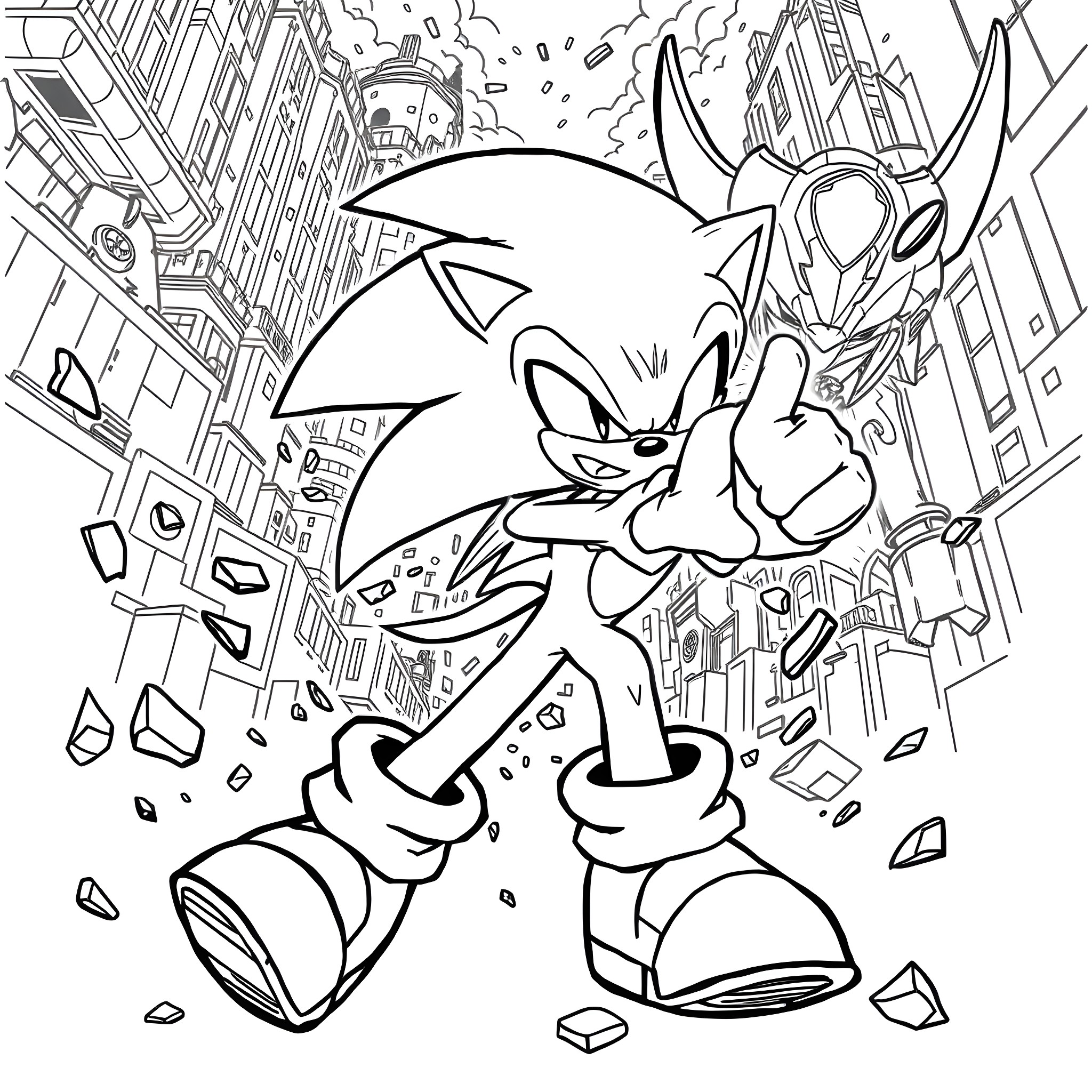 Sonic dashing through the city with action and excitement Coloring Page (free black-and-white line drawing printable PDF for all, from beginners to advanced learners, including children, teens, adults, and seniors)