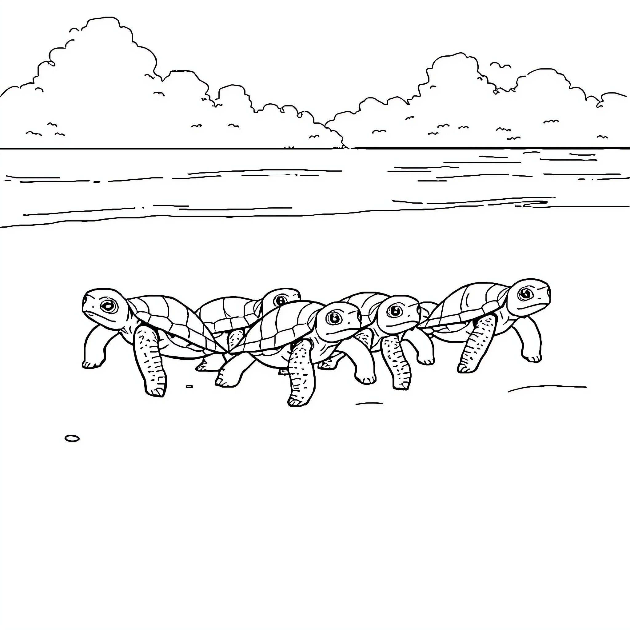 Turtle formation exploring the landscape Coloring Page (free black-and-white line drawing printable PDF for all, from beginners to advanced learners, including children, teens, adults, and seniors)