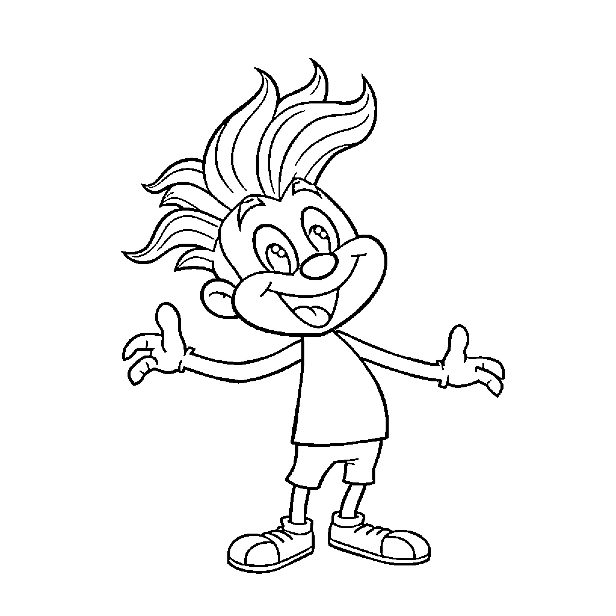 Spunkis cheerful cartoon character with silly expression Coloring Page (free black-and-white line drawing printable PDF for all, from beginners to advanced learners, including children, teens, adults, and seniors)