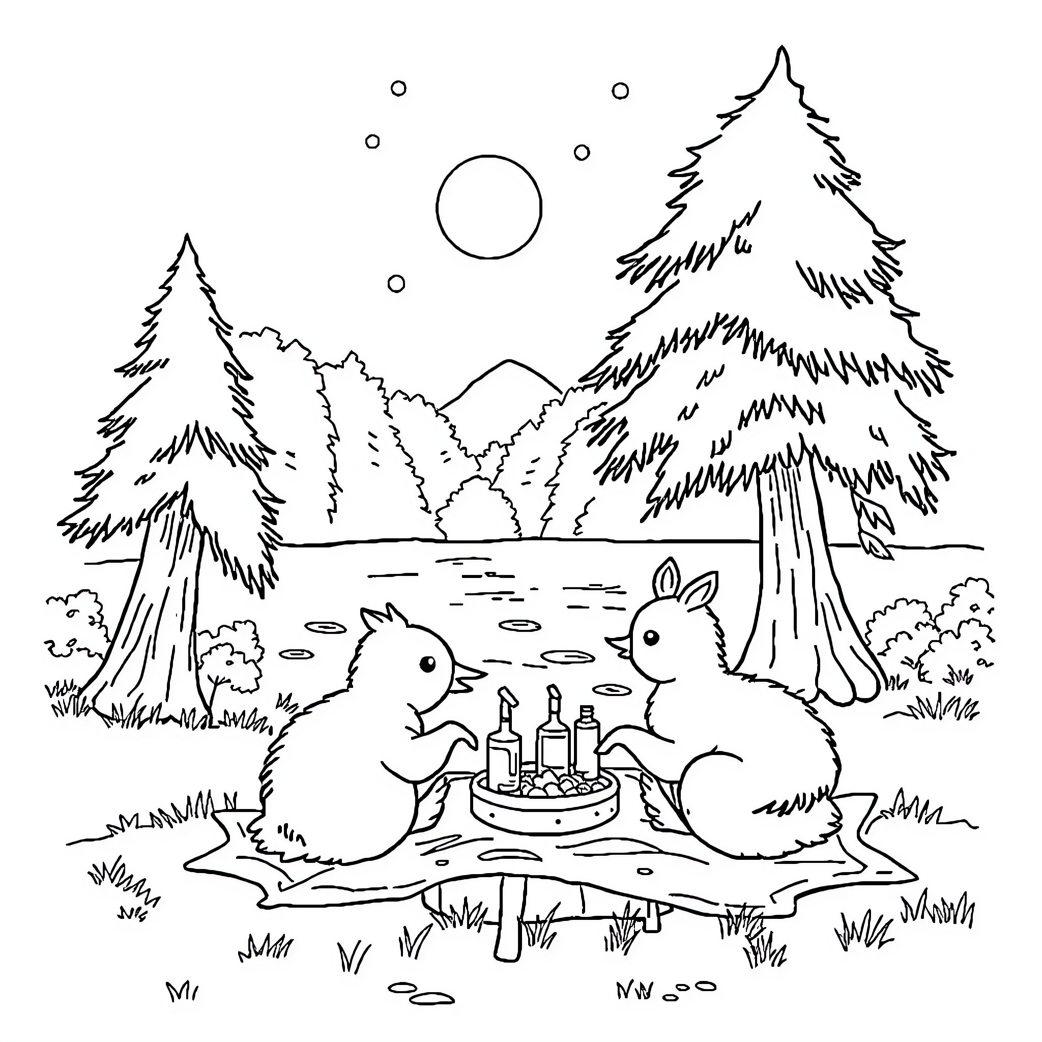 Feen rabbits celebrate in the forest Coloring Page (free black-and-white line drawing printable PDF for all, from beginners to advanced learners, including children, teens, adults, and seniors)
