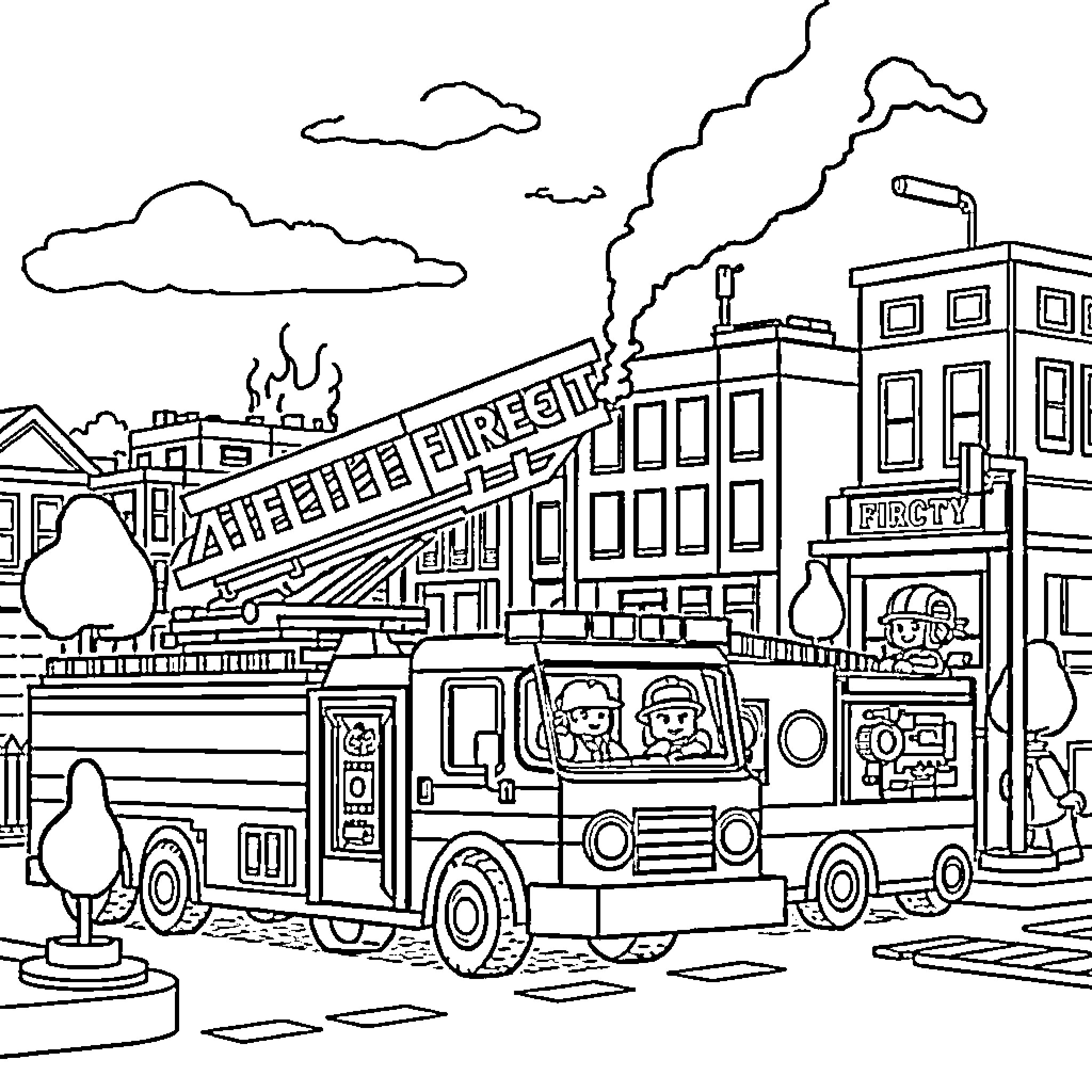 Lego Firefighters Rushing to the Scene Coloring Page (free black-and-white line drawing printable PDF for all, from beginners to advanced learners, including children, teens, adults, and seniors)