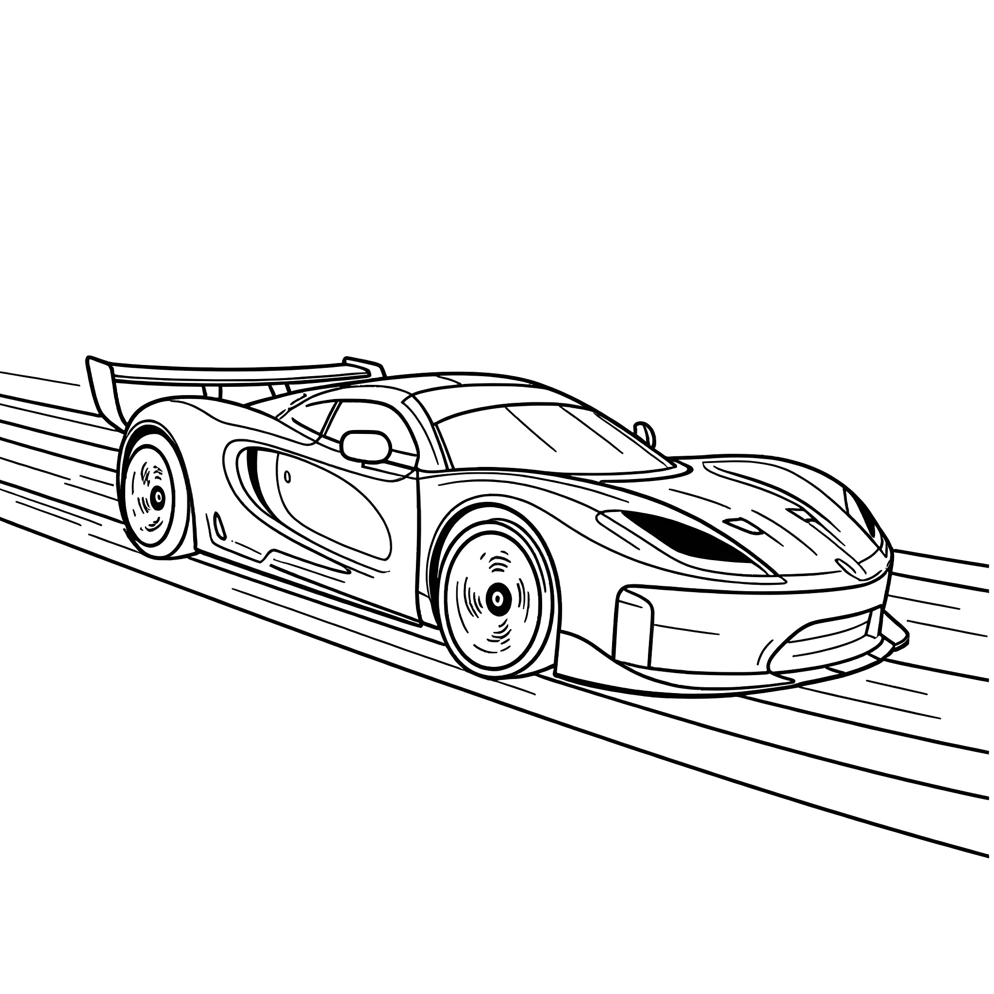 Hot Wheels Car speeding on track Coloring Page (free black-and-white line drawing printable PDF for all, from beginners to advanced learners, including children, teens, adults, and seniors)