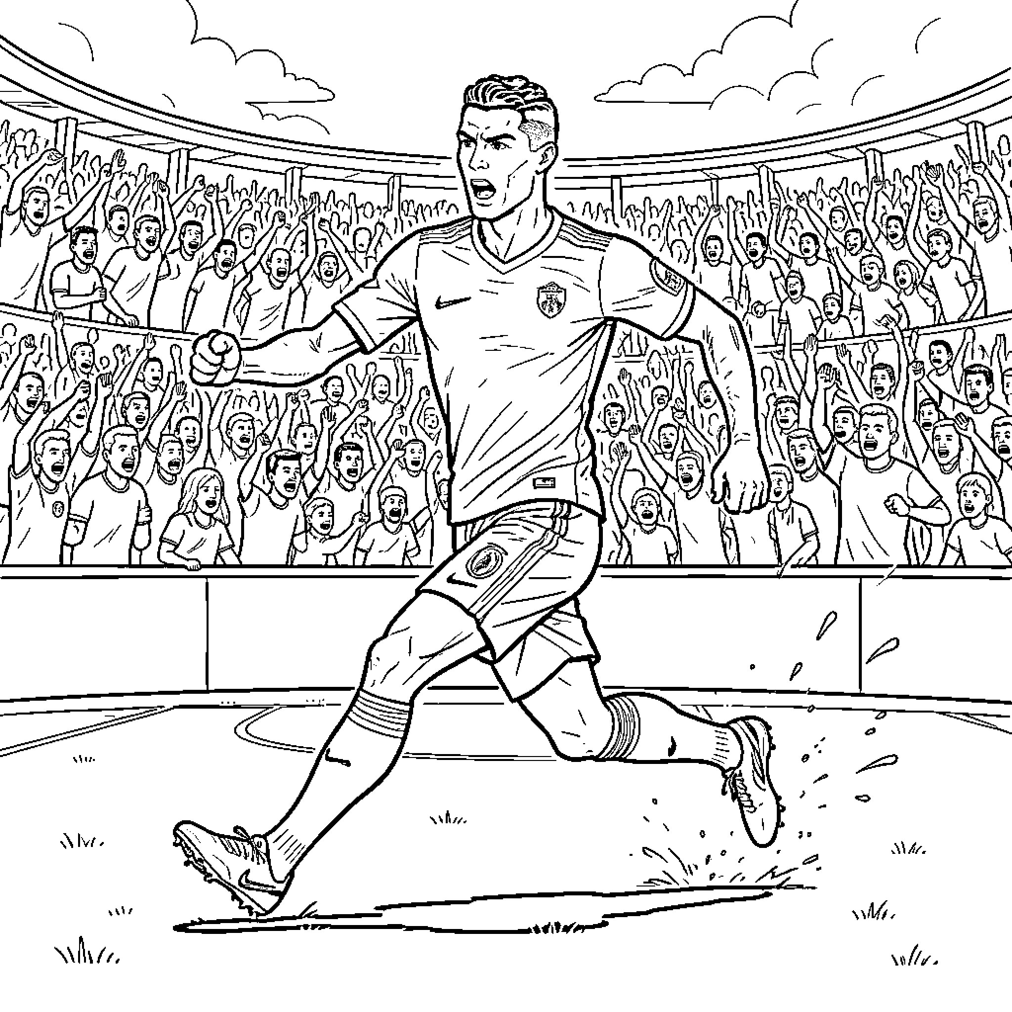 Cristiano Ronaldo celebrating a goal in front of a crowd Coloring Page (free black-and-white line drawing printable PDF for all, from beginners to advanced learners, including children, teens, adults, and seniors)