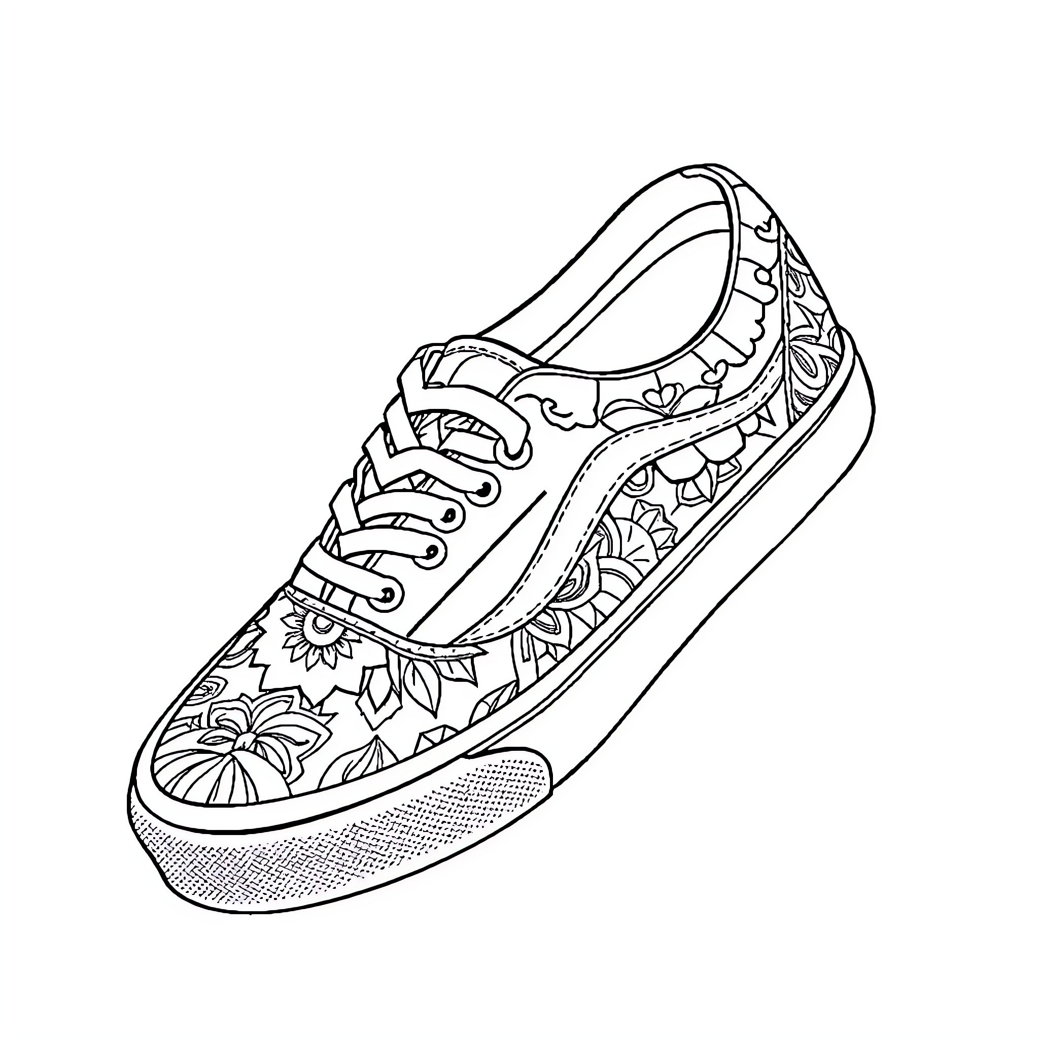 Vans sneakers with floral patterns Coloring Page (free black-and-white line drawing printable PDF for all, from beginners to advanced learners, including children, teens, adults, and seniors)