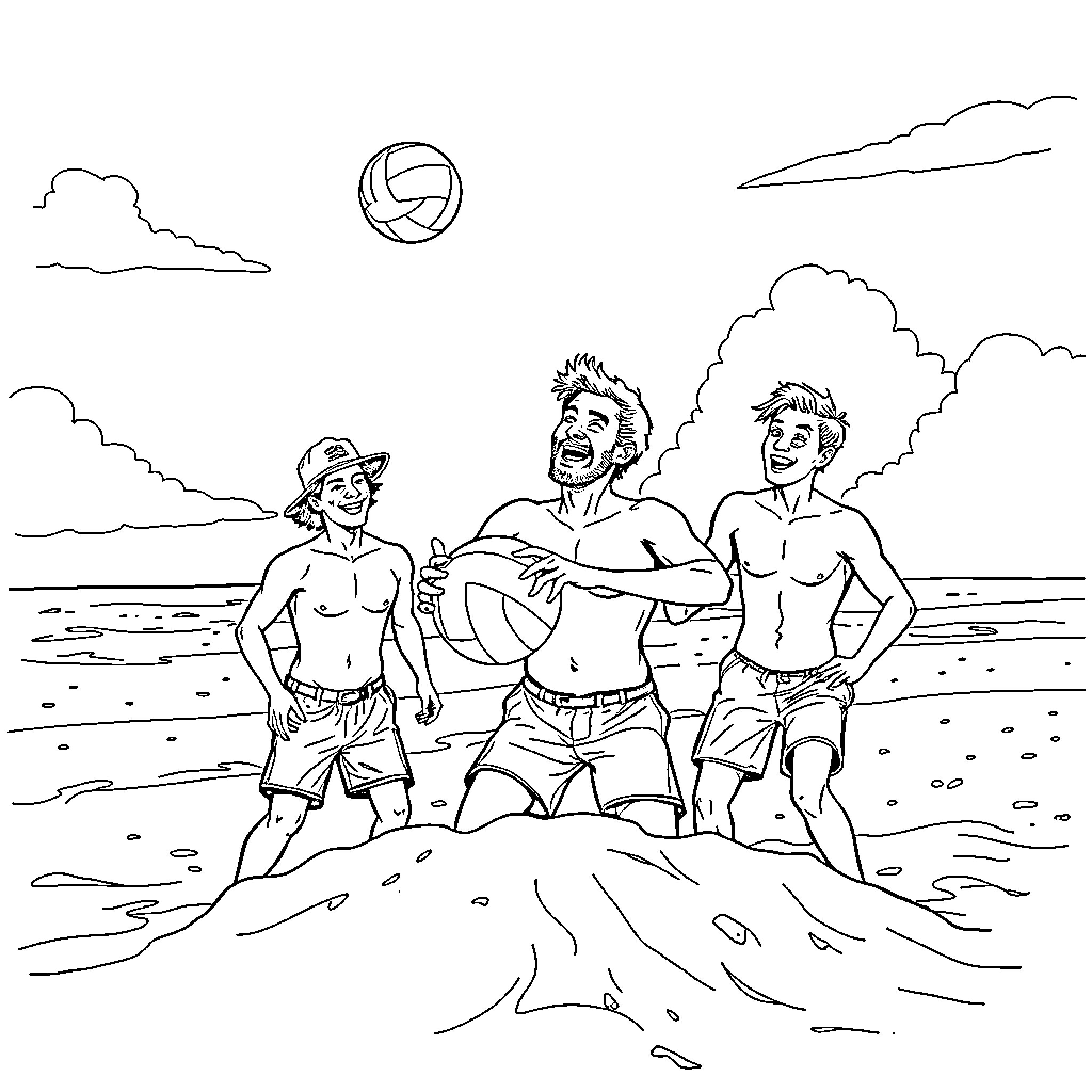 Dad and sons playing volleyball at the beach Coloring Page (free black-and-white line drawing printable PDF for all, from beginners to advanced learners, including children, teens, adults, and seniors)