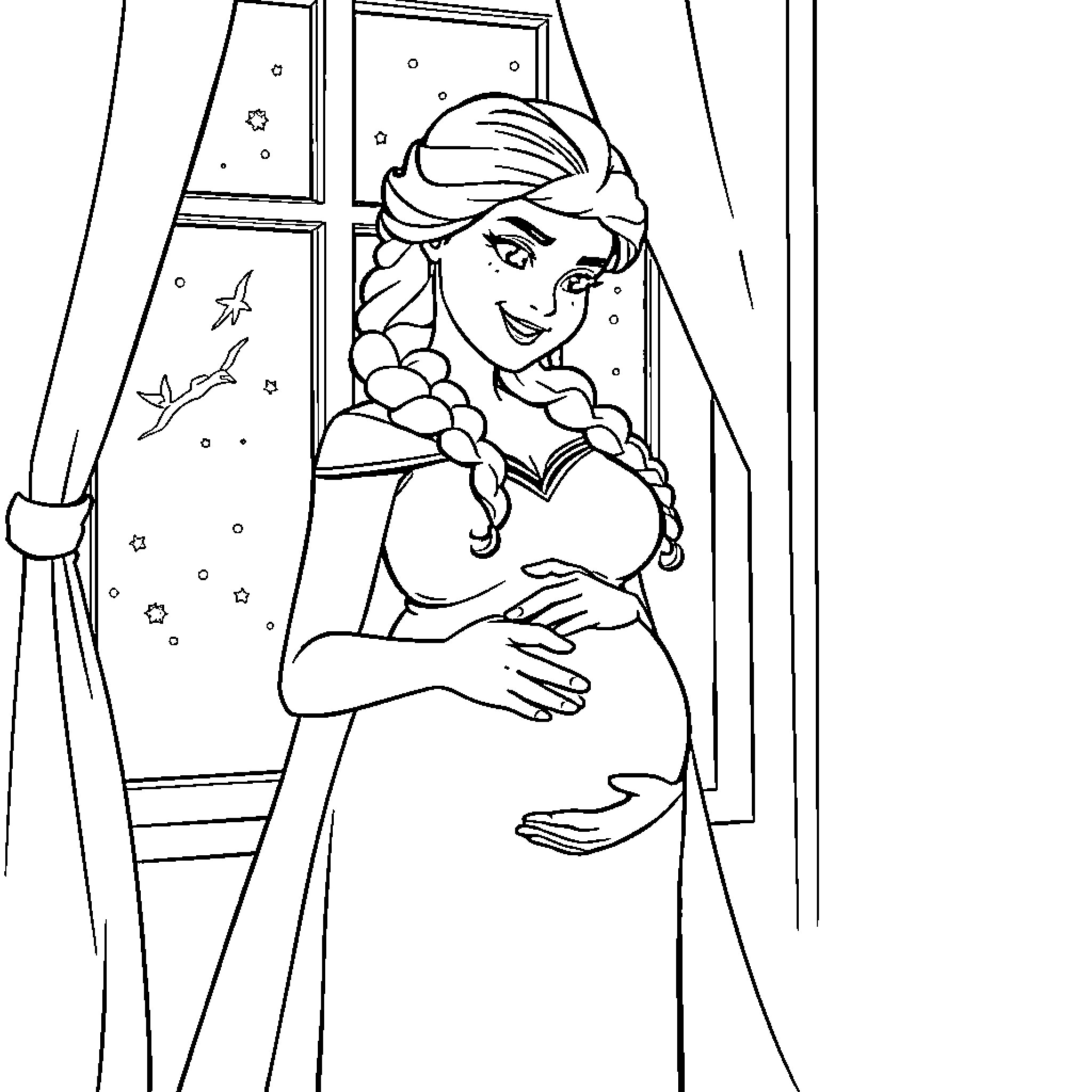 Elsa gazing out the window in contemplation Coloring Page (free black-and-white line drawing printable PDF for all, from beginners to advanced learners, including children, teens, adults, and seniors)