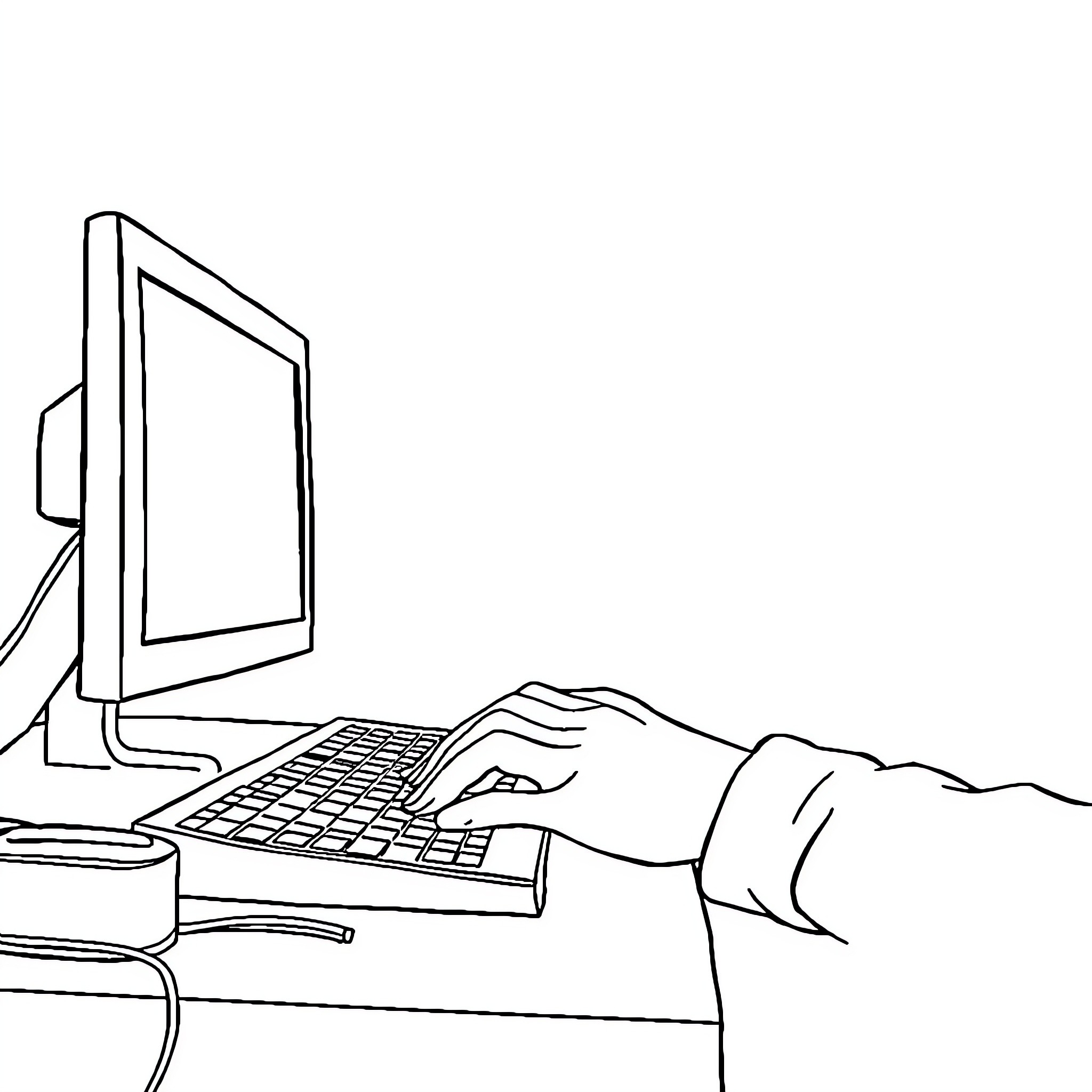 Computer user typing on keyboard intently Coloring Page (free black-and-white line drawing printable PDF for all, from beginners to advanced learners, including children, teens, adults, and seniors)