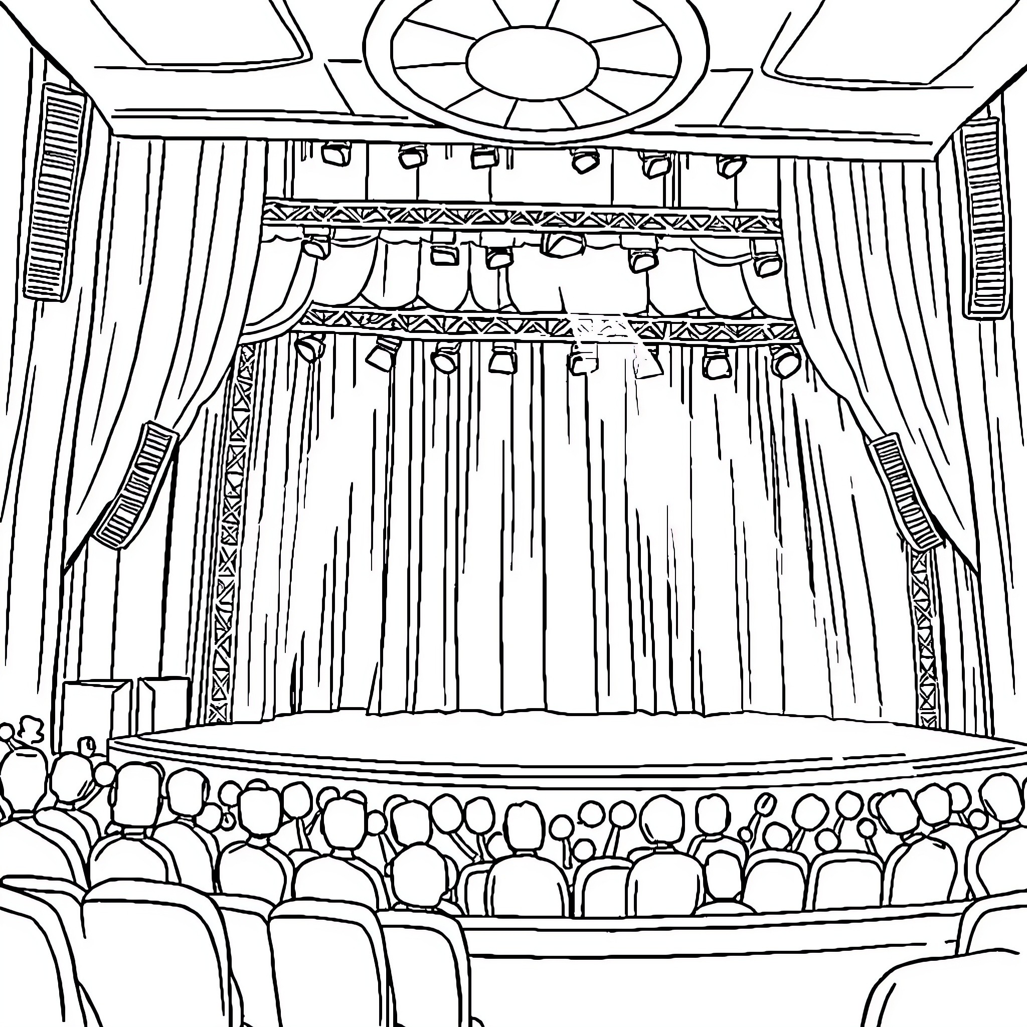 Bühne with ornate curtains and audience Coloring Page (free black-and-white line drawing printable PDF for all, from beginners to advanced learners, including children, teens, adults, and seniors)
