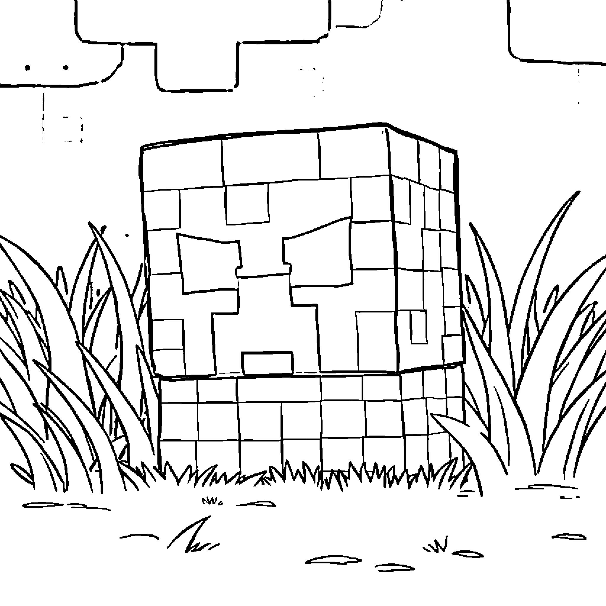 Creeper lurking in the grass Coloring Page (free black-and-white line drawing printable PDF for all, from beginners to advanced learners, including children, teens, adults, and seniors)