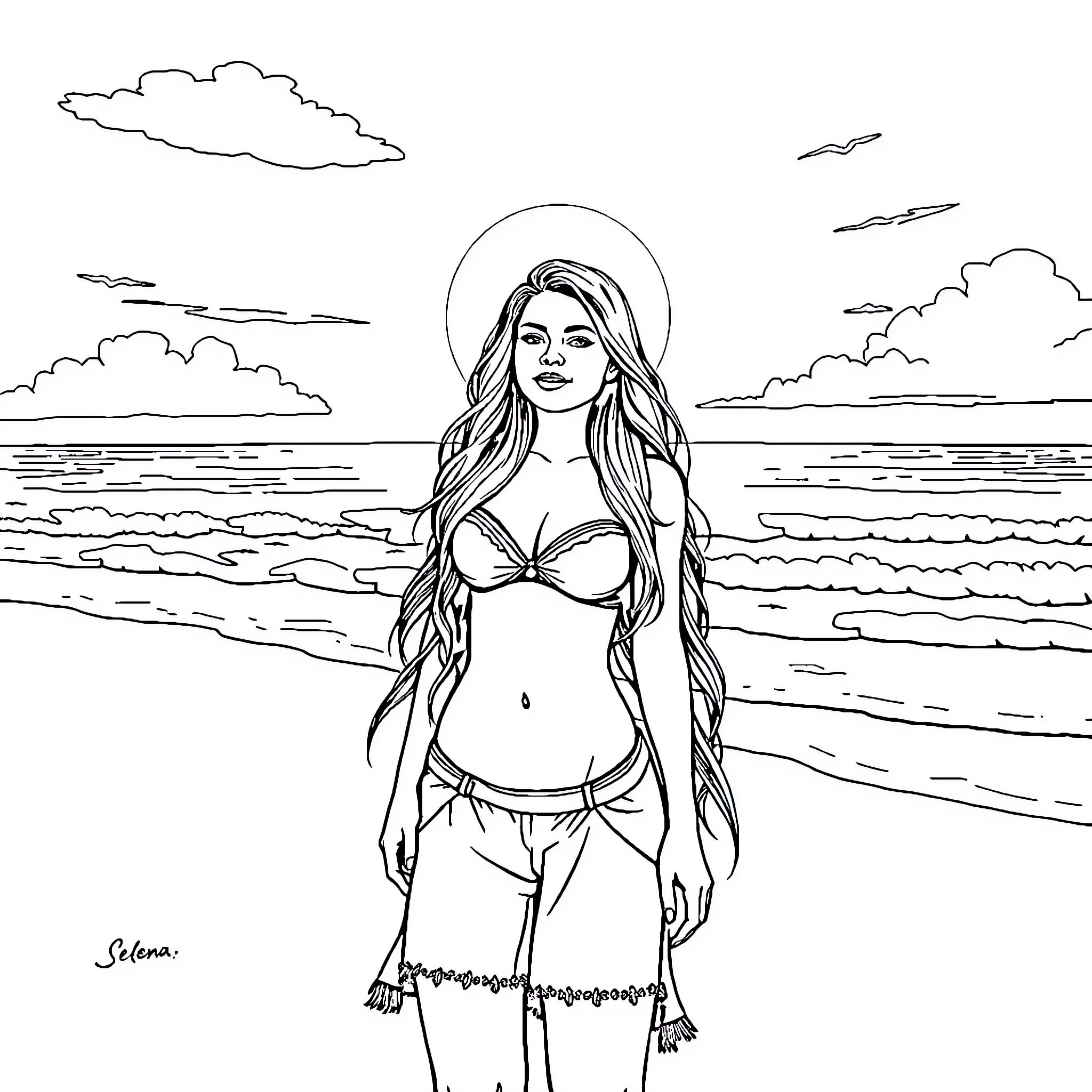 Selena Gomez relaxing on the beach Coloring Page (free black-and-white line drawing printable PDF for all, from beginners to advanced learners, including children, teens, adults, and seniors)