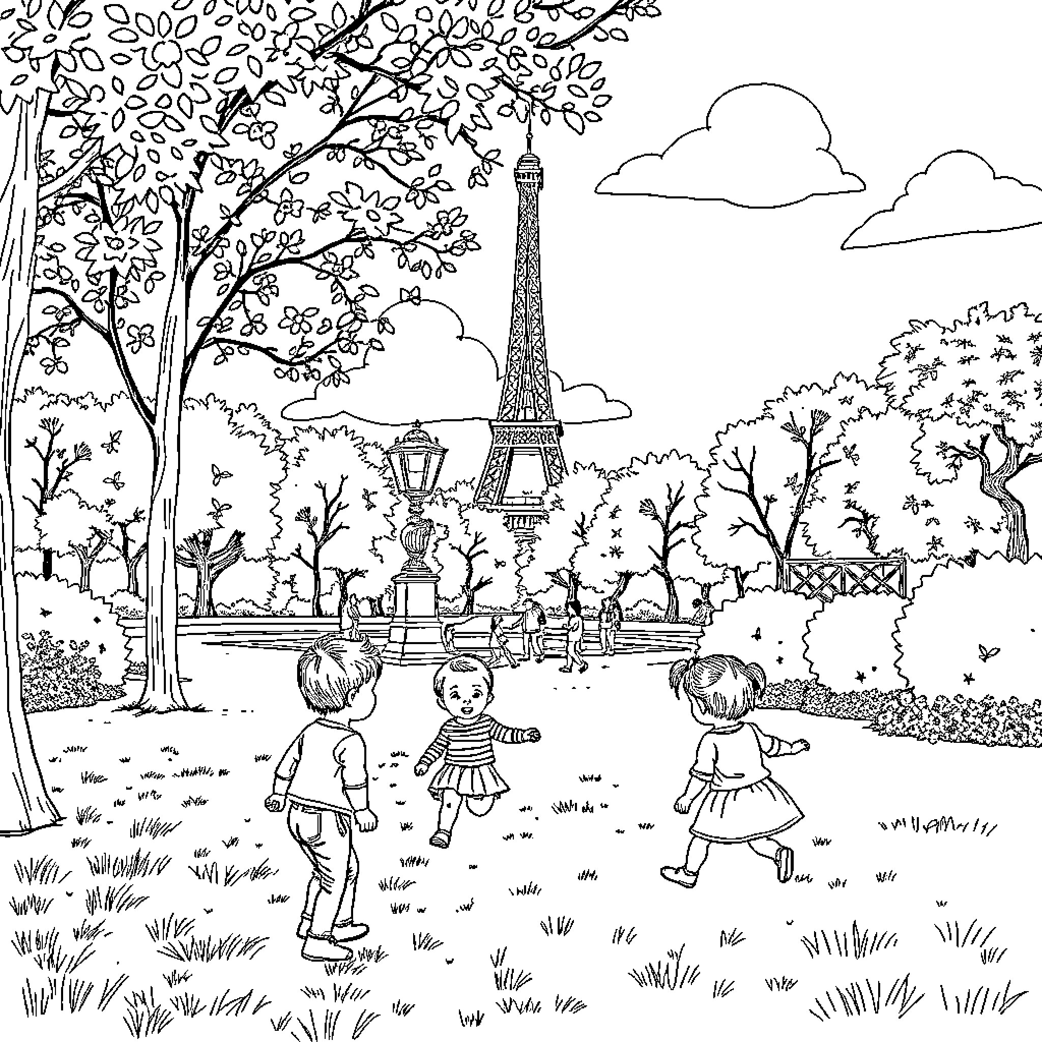 Toddlers exploring the Parisian park near Eiffel Tower Coloring Page (free black-and-white line drawing printable PDF for all, from beginners to advanced learners, including children, teens, adults, and seniors)