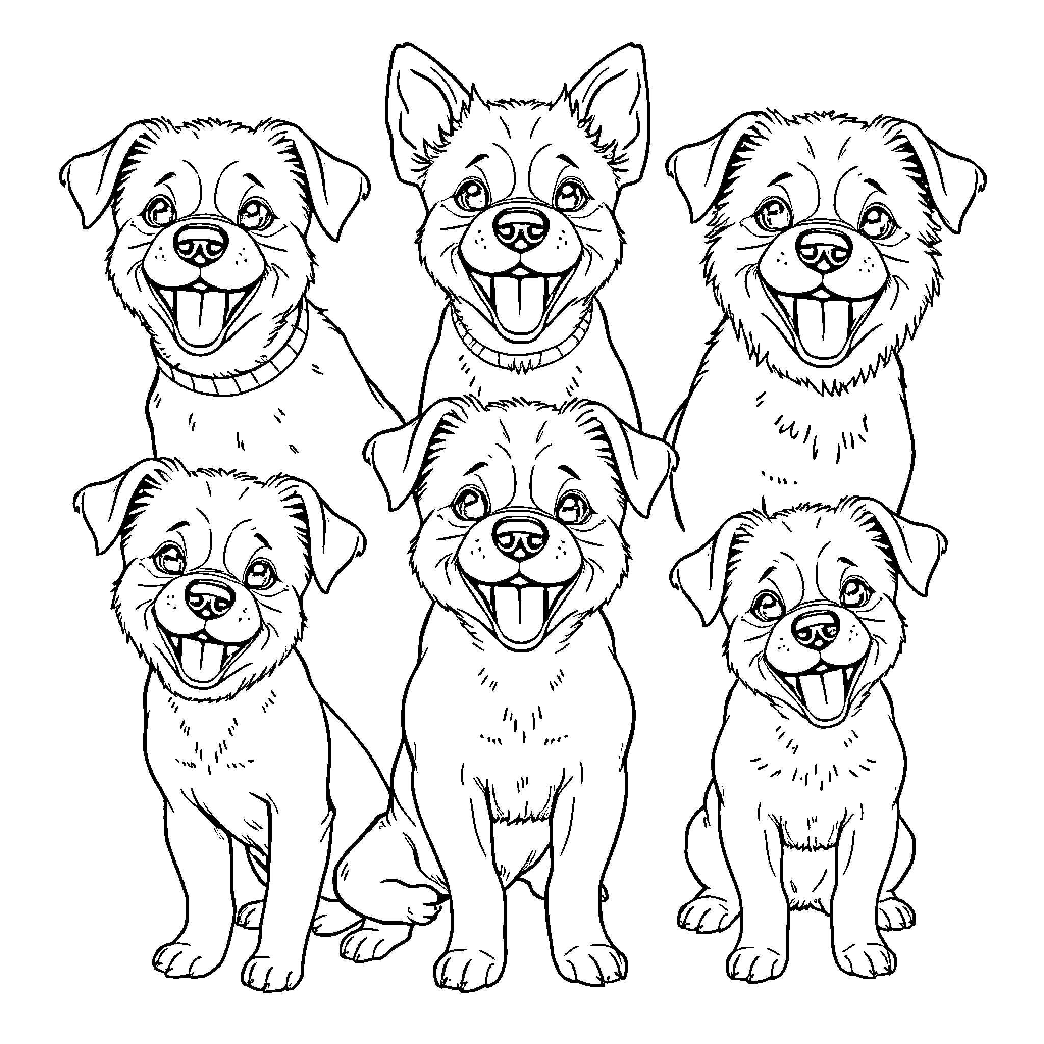Dog friends posing happily together Coloring Page (free black-and-white line drawing printable PDF for all, from beginners to advanced learners, including children, teens, adults, and seniors)