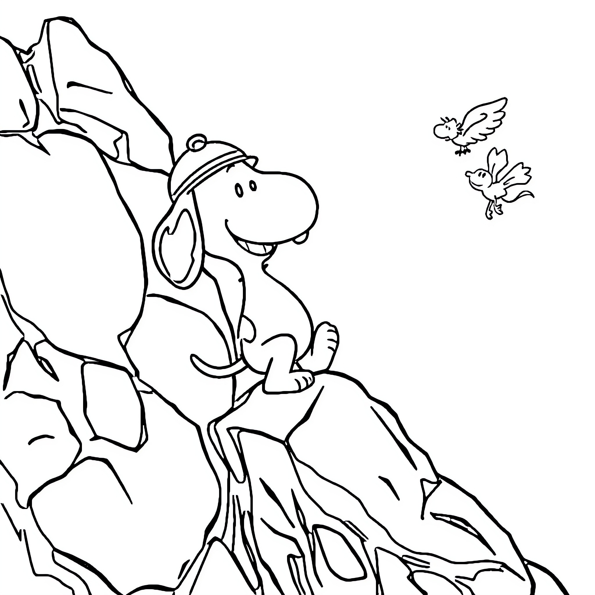 Beagle exploring rocky terrain with birds Coloring Page (free black-and-white line drawing printable PDF for all, from beginners to advanced learners, including children, teens, adults, and seniors)