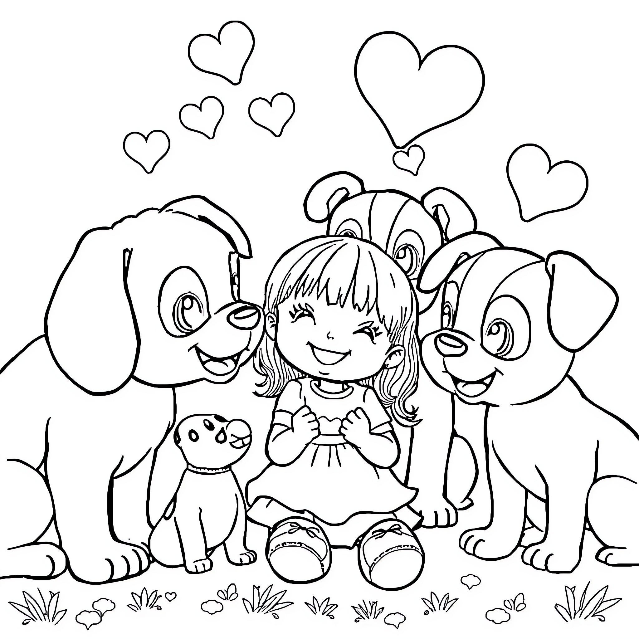 Fille playing with adorable puppies in a field Coloring Page (free black-and-white line drawing printable PDF for all, from beginners to advanced learners, including children, teens, adults, and seniors)