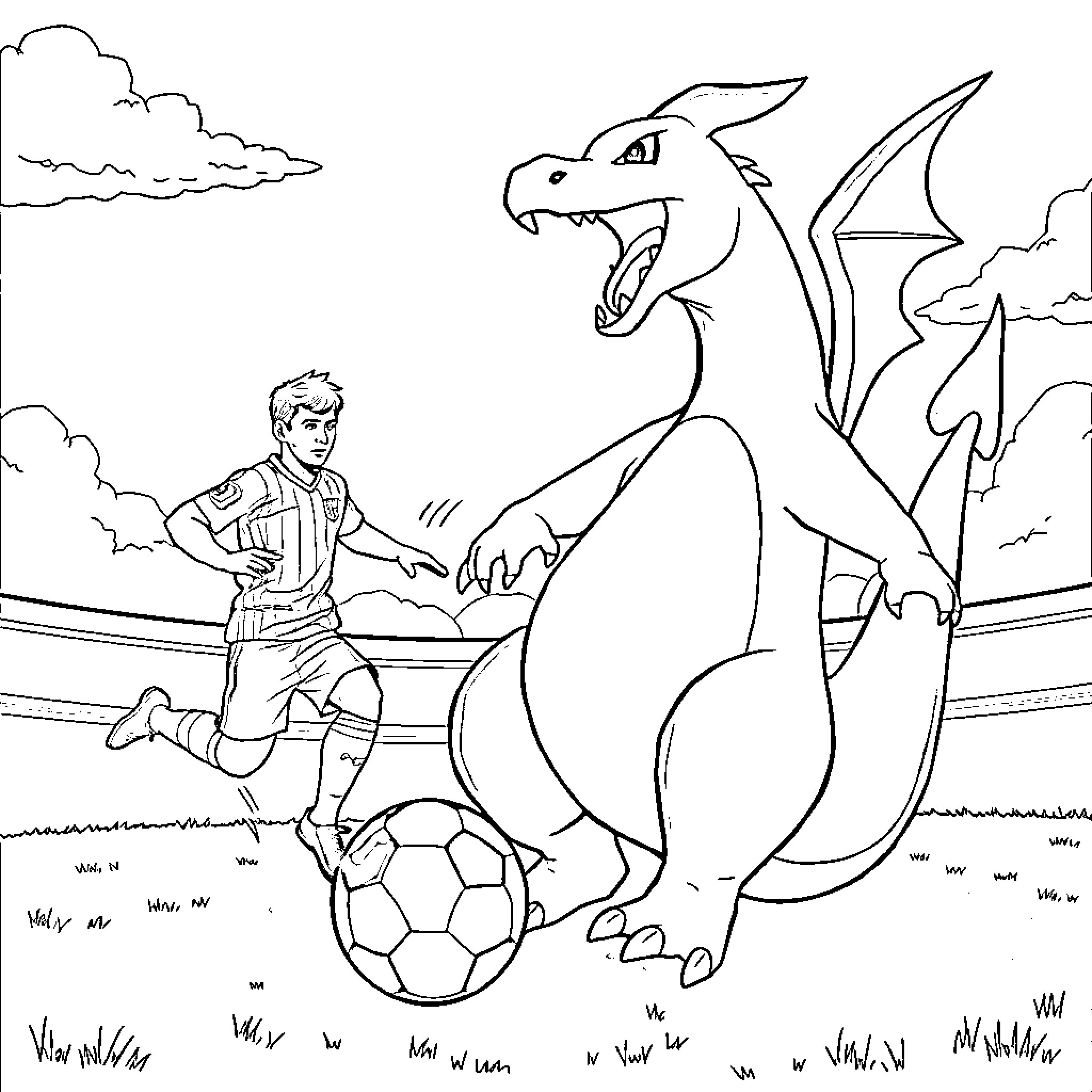 Charizard playing soccer with a human player Coloring Page (free black-and-white line drawing printable PDF for all, from beginners to advanced learners, including children, teens, adults, and seniors)
