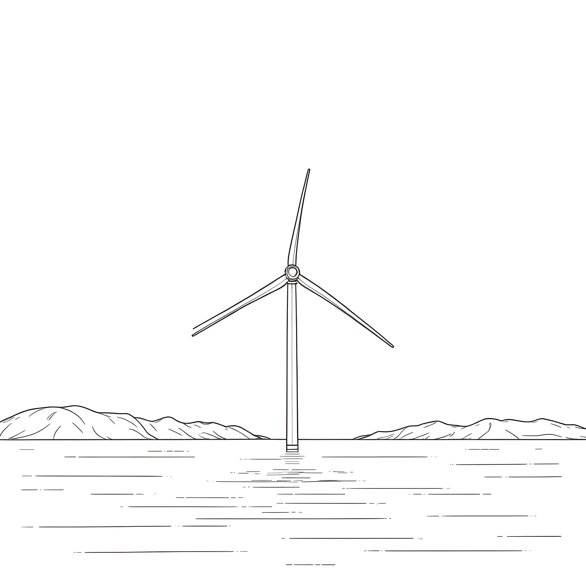Windmill by the lake with mountains in the background Coloring Page (free black-and-white line drawing printable PDF for all, from beginners to advanced learners, including children, teens, adults, and seniors)