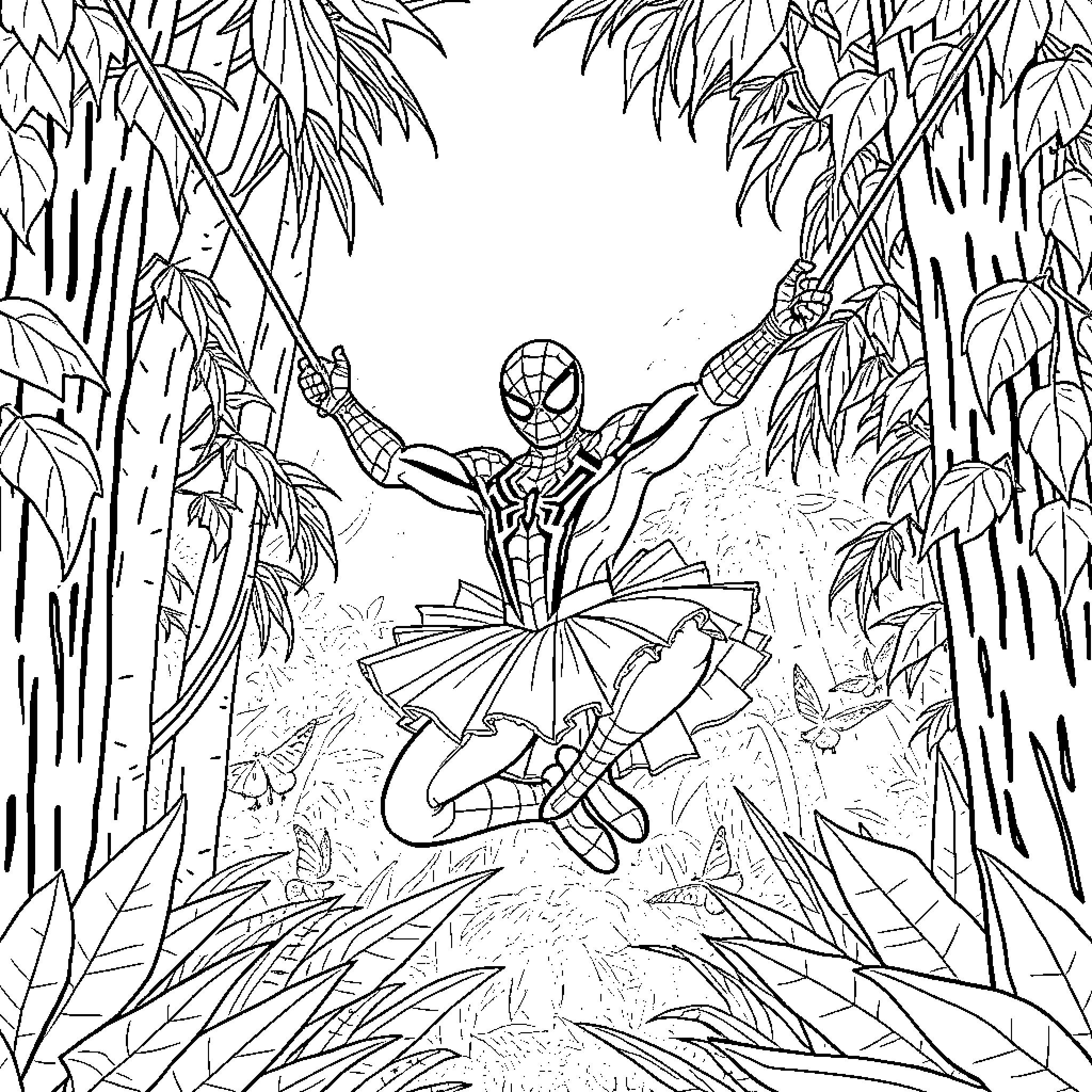 Spiderman swinging through the jungle in action pose Coloring Page (free black-and-white line drawing printable PDF for all, from beginners to advanced learners, including children, teens, adults, and seniors)