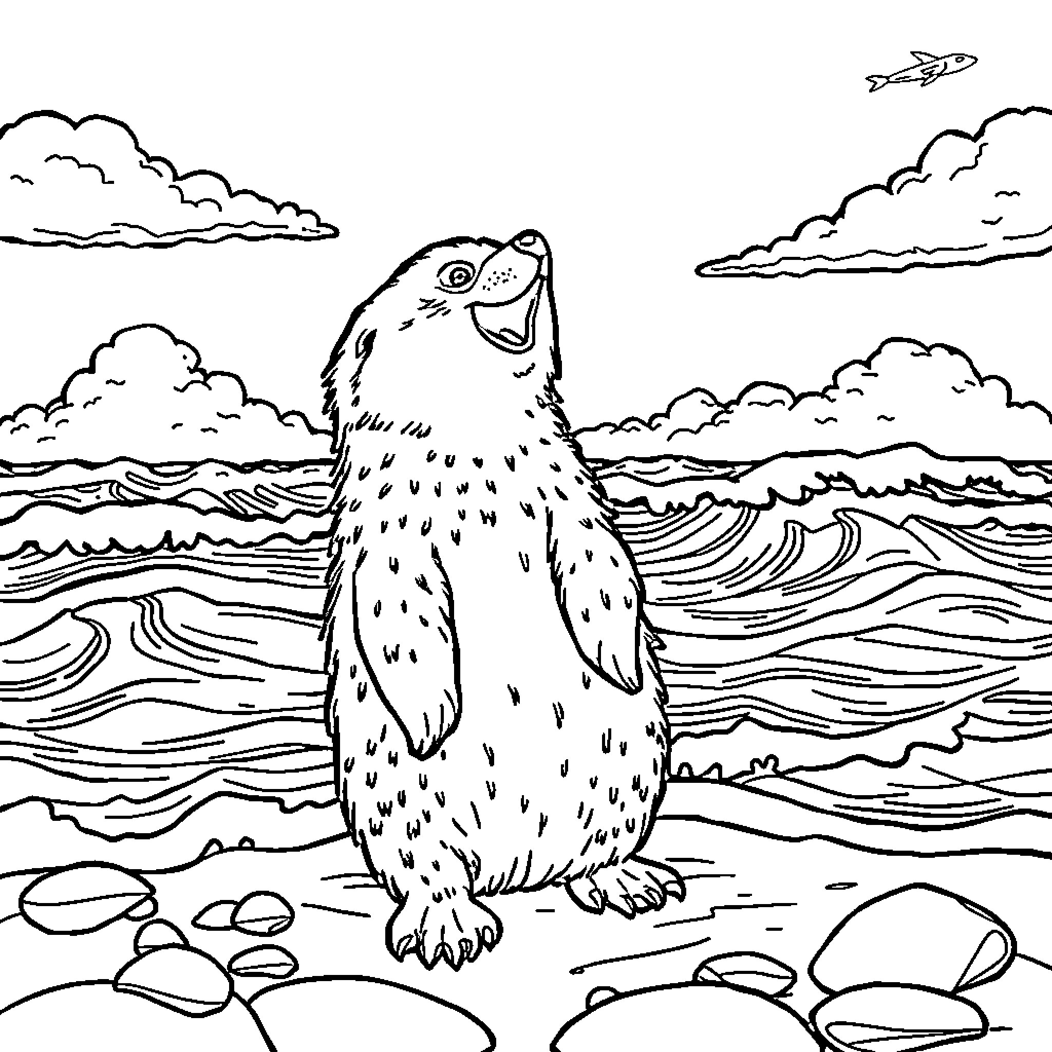 Wolf enjoying the ocean scenery Coloring Page (free black-and-white line drawing printable PDF for all, from beginners to advanced learners, including children, teens, adults, and seniors)