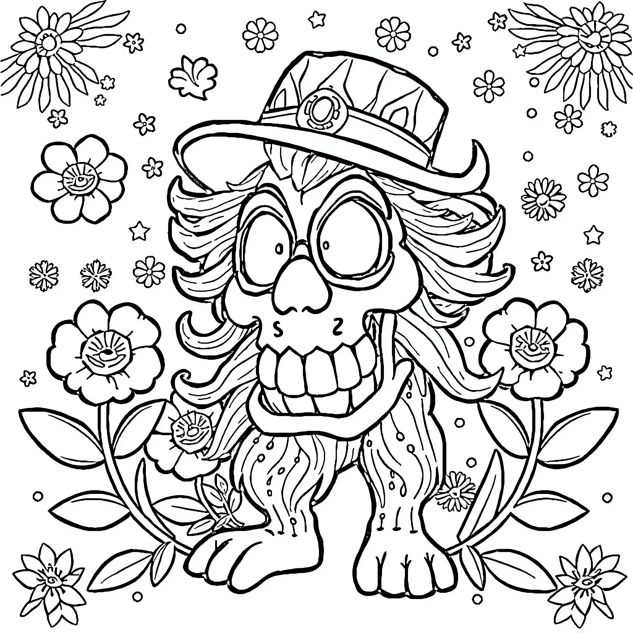 Spranky character in a whimsical floral scene Coloring Page (free black-and-white line drawing printable PDF for all, from beginners to advanced learners, including children, teens, adults, and seniors)