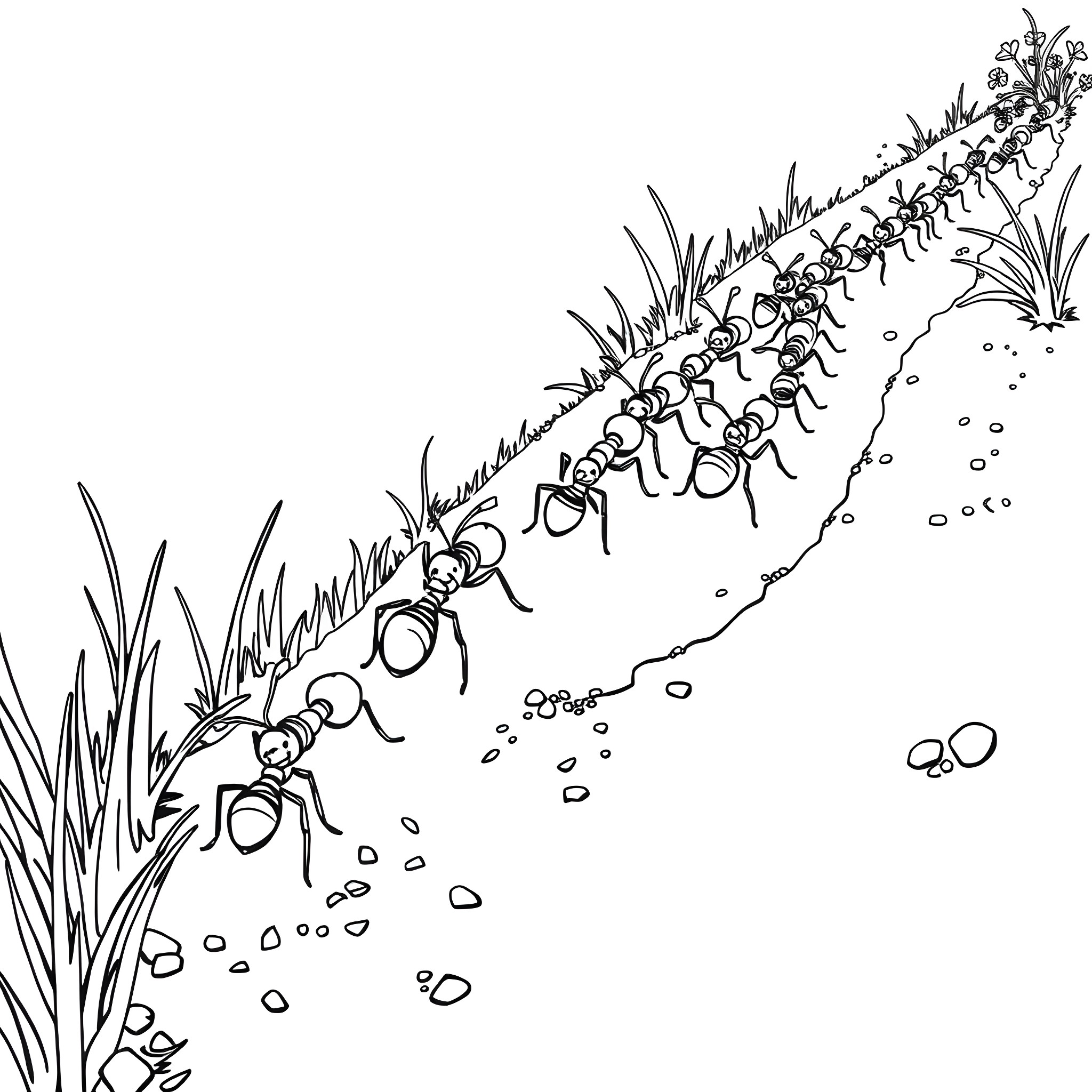 Ant march in line through the grass Coloring Page (free black-and-white line drawing printable PDF for all, from beginners to advanced learners, including children, teens, adults, and seniors)