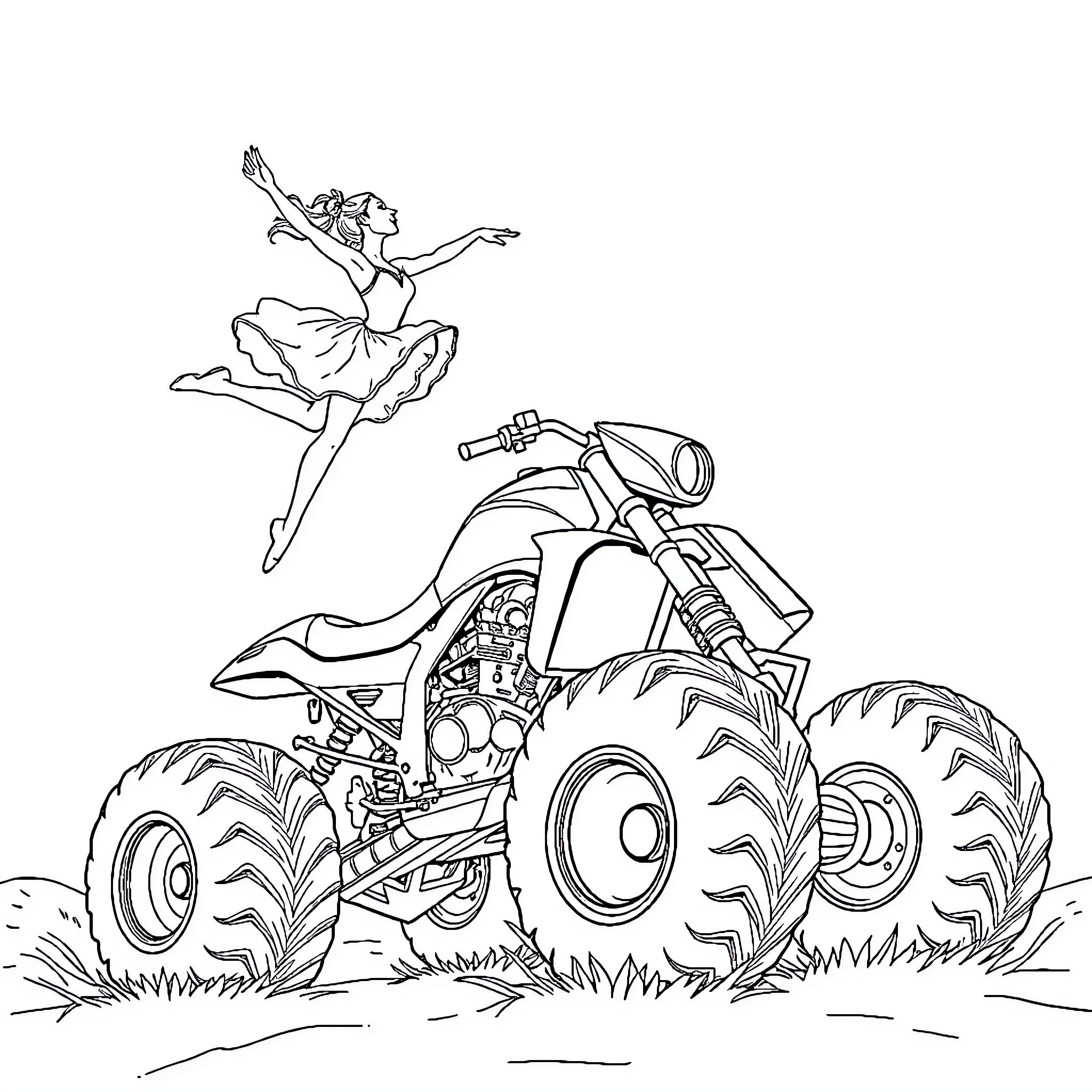 Ballerina dancing gracefully above a rugged ATV Coloring Page (free black-and-white line drawing printable PDF for all, from beginners to advanced learners, including children, teens, adults, and seniors)