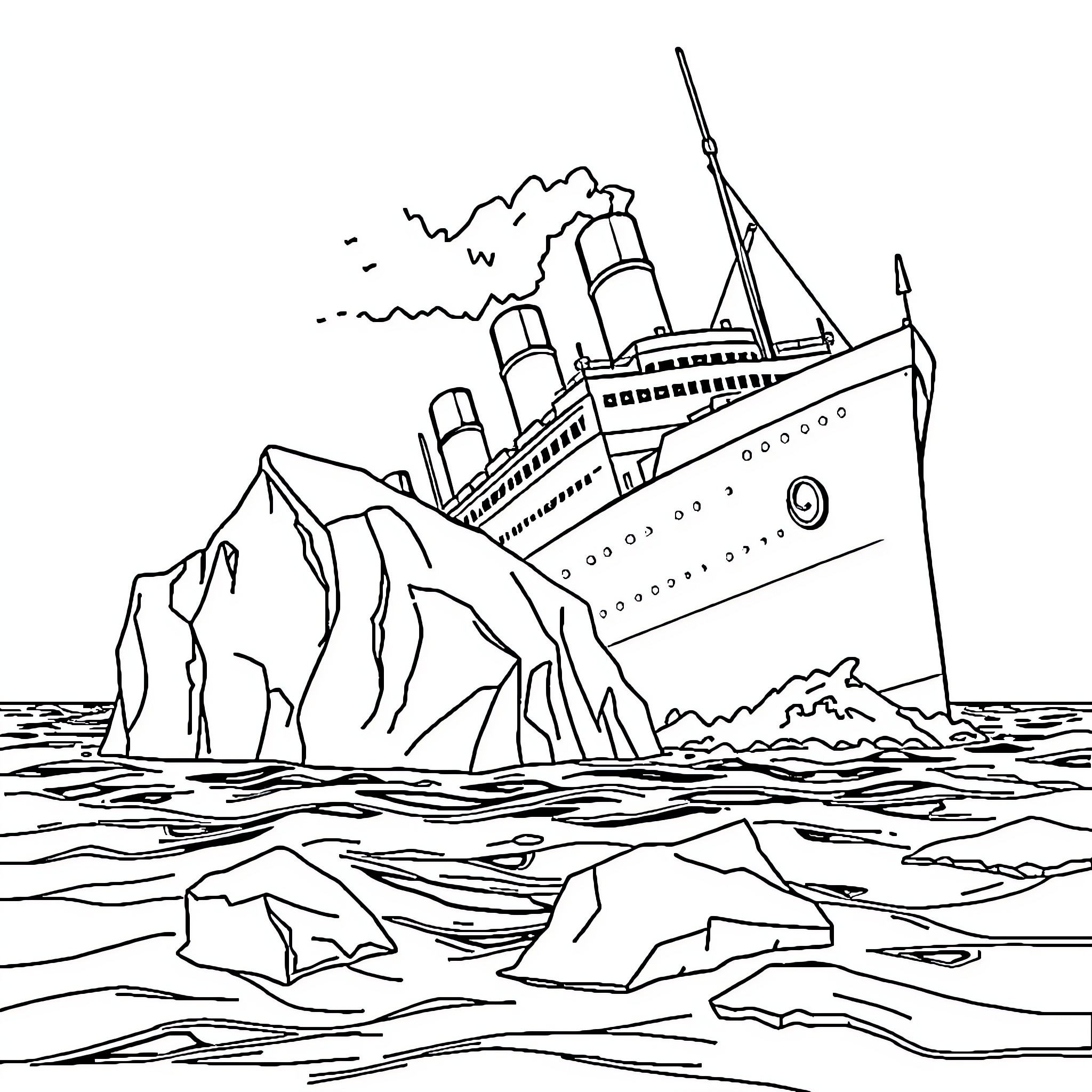Titanic Sinking Amidst Icy Landscape Coloring Page (free black-and-white line drawing printable PDF for all, from beginners to advanced learners, including children, teens, adults, and seniors)