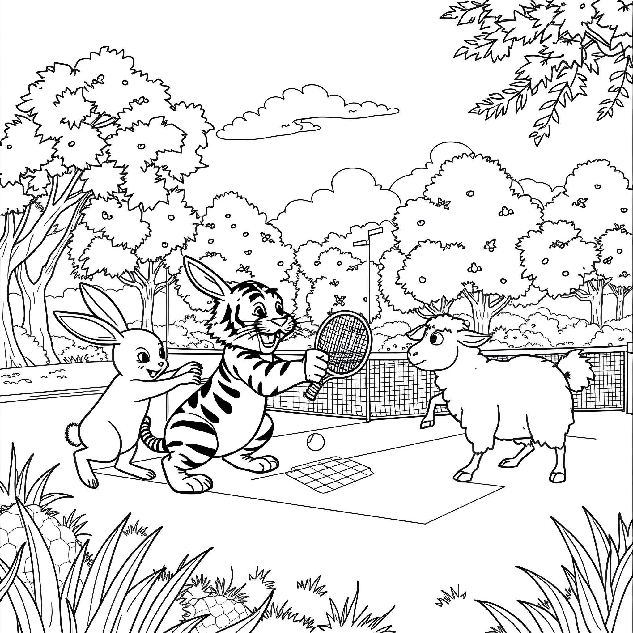Animal playing tennis in a forested park Coloring Page (free black-and-white line drawing printable PDF for all, from beginners to advanced learners, including children, teens, adults, and seniors)
