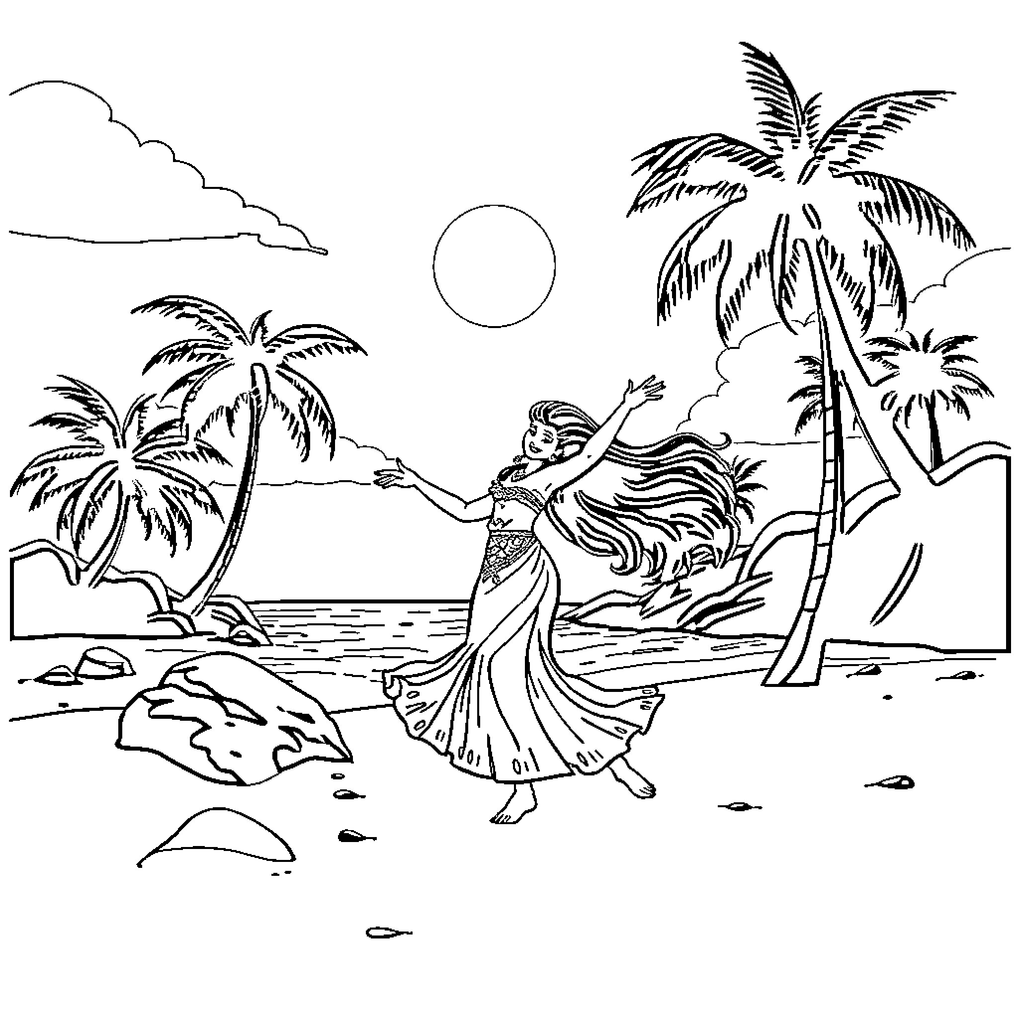 Moana dancing joyfully on a tropical beach Coloring Page (free black-and-white line drawing printable PDF for all, from beginners to advanced learners, including children, teens, adults, and seniors)