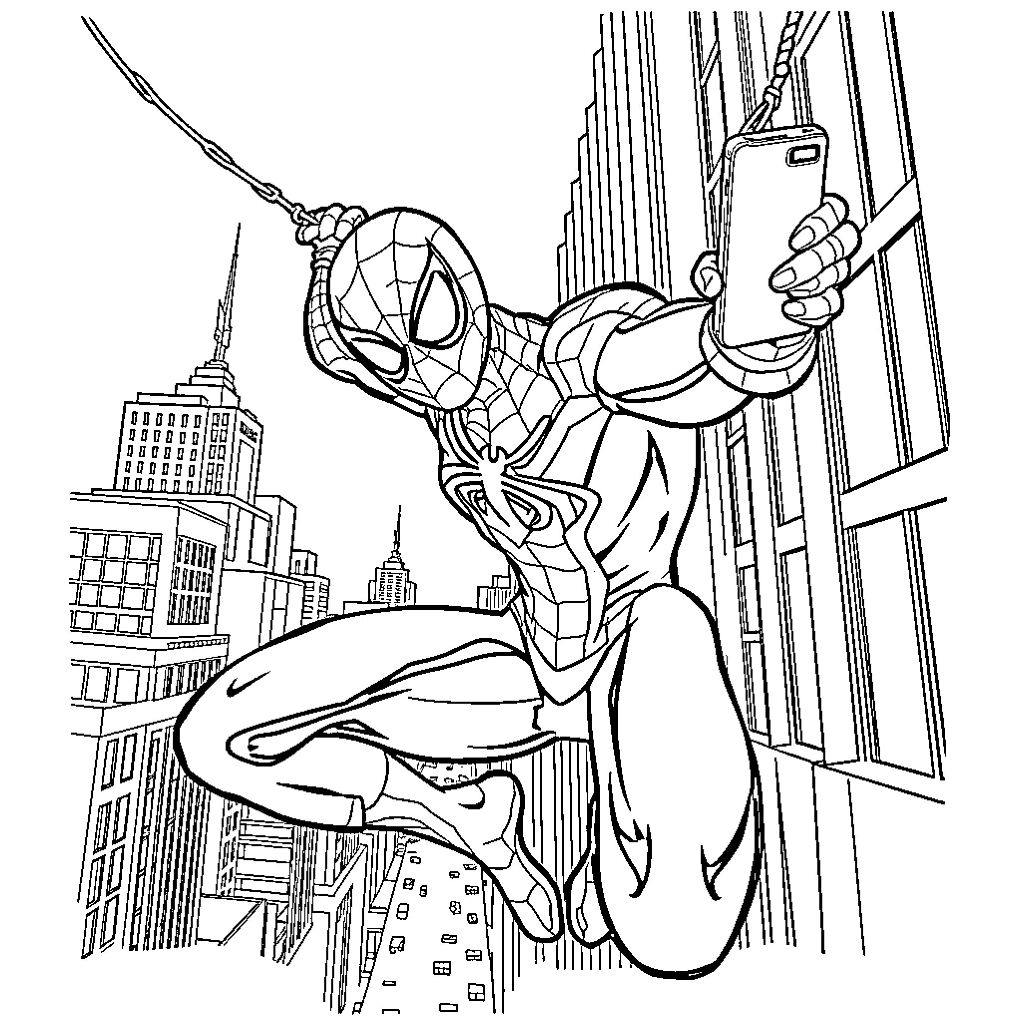 Spiderman swinging through the city skyline Coloring Page (free black-and-white line drawing printable PDF for all, from beginners to advanced learners, including children, teens, adults, and seniors)
