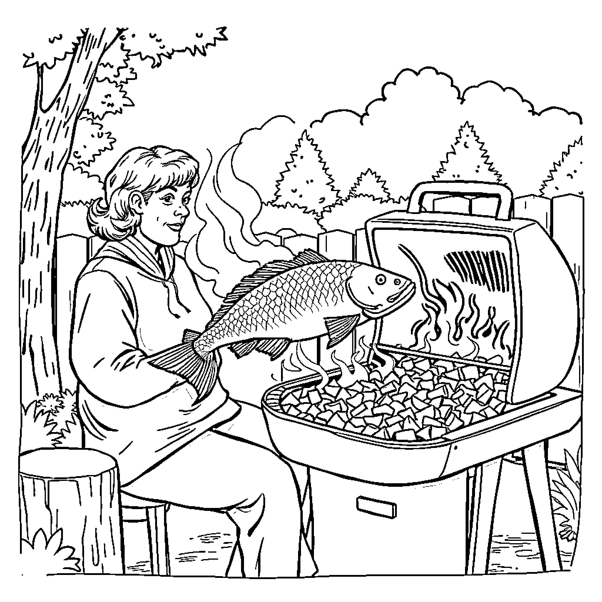 Catfish grilling and smoking on the barbecue Coloring Page (free black-and-white line drawing printable PDF for all, from beginners to advanced learners, including children, teens, adults, and seniors)