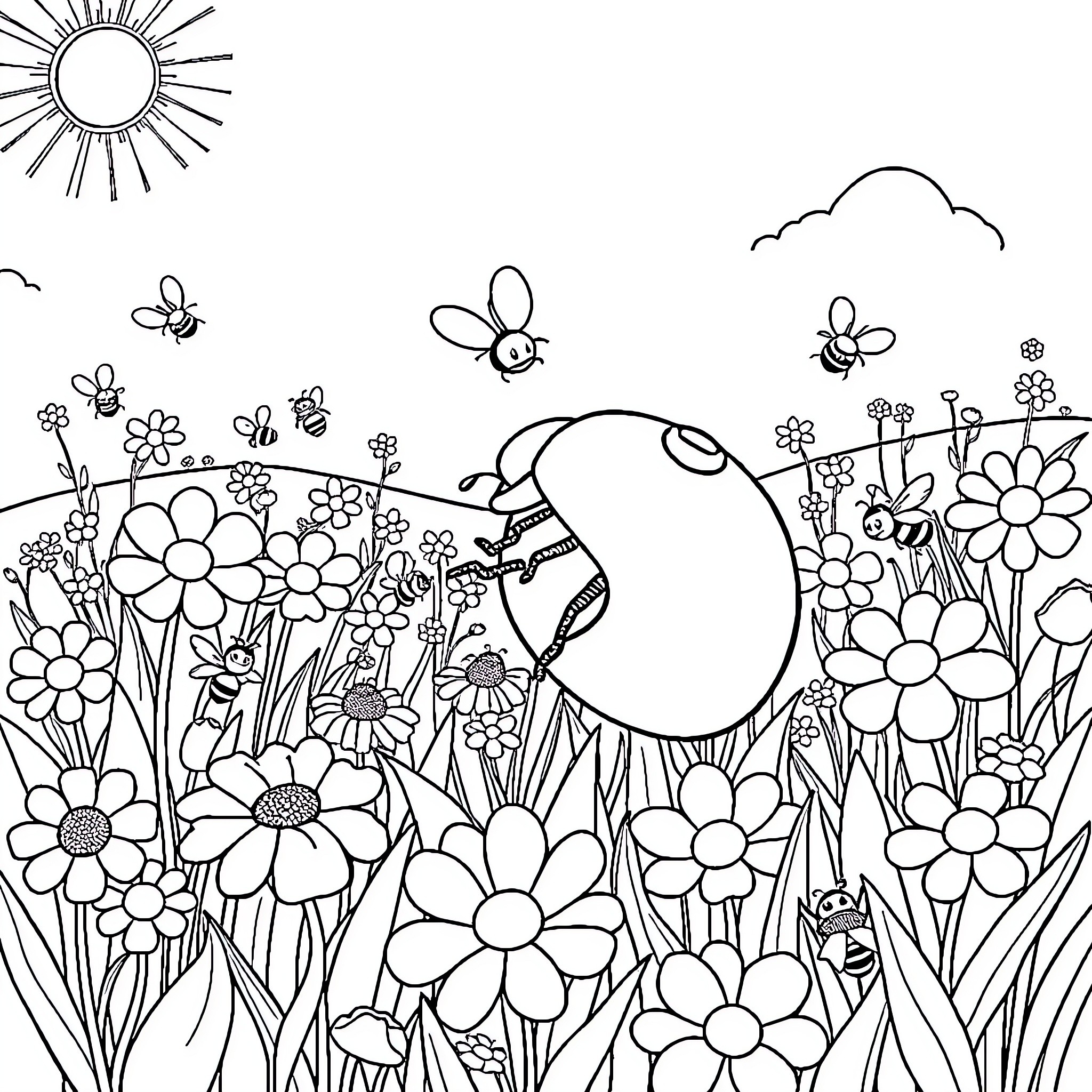 Ladybug enjoying a flower-filled garden Coloring Page (free black-and-white line drawing printable PDF for all, from beginners to advanced learners, including children, teens, adults, and seniors)