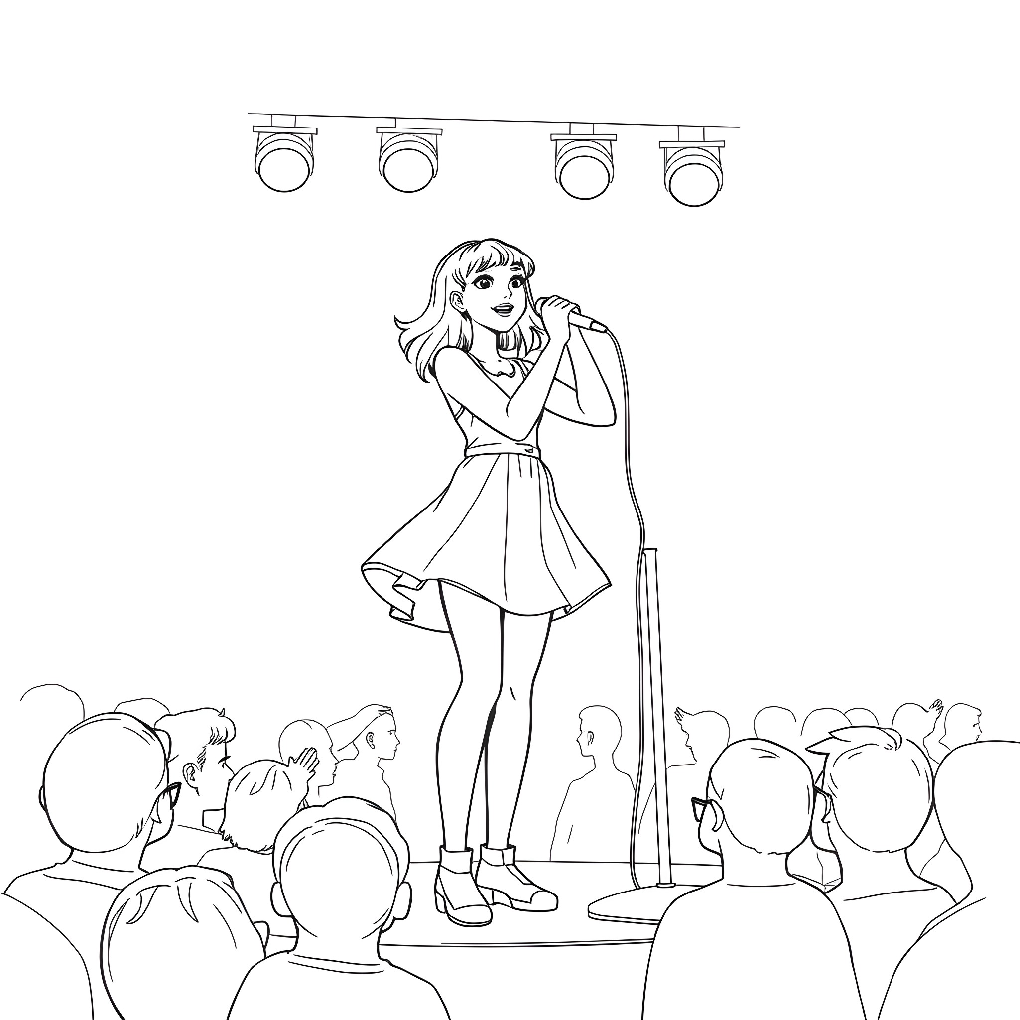 Teenage Girl Performing on Stage Coloring Page (free black-and-white line drawing printable PDF for all, from beginners to advanced learners, including children, teens, adults, and seniors)