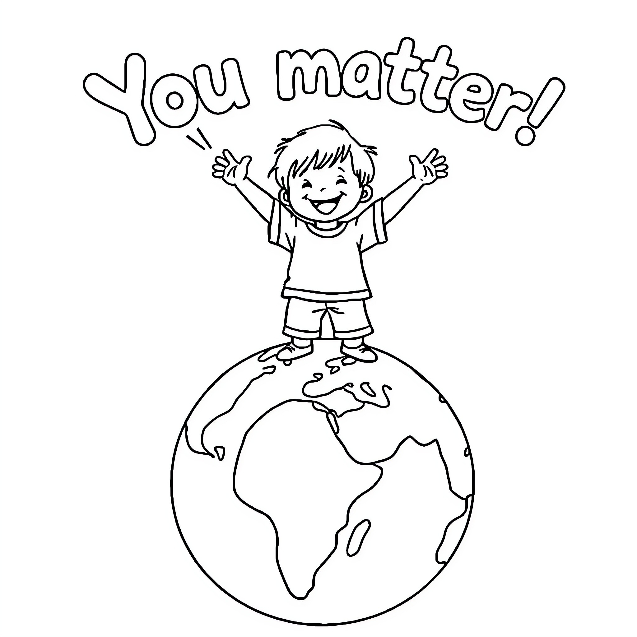 Child celebrating on top of the world Coloring Page (free black-and-white line drawing printable PDF for all, from beginners to advanced learners, including children, teens, adults, and seniors)