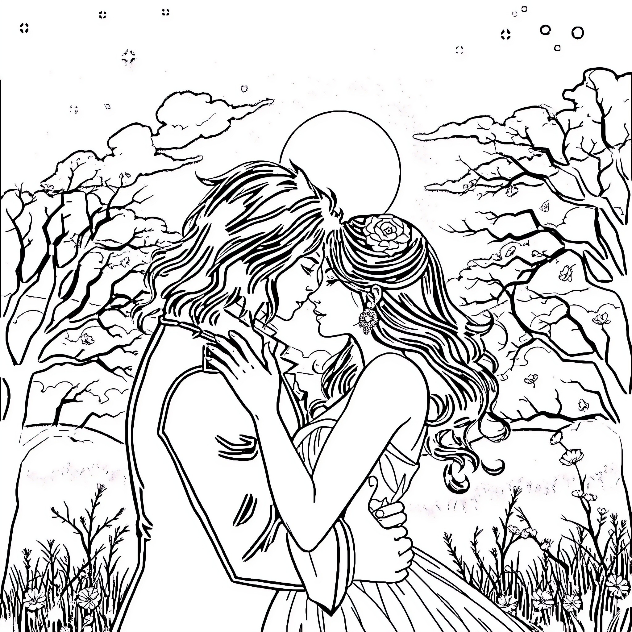 Romance under the Starry Night Coloring Page (free black-and-white line drawing printable PDF for all, from beginners to advanced learners, including children, teens, adults, and seniors)