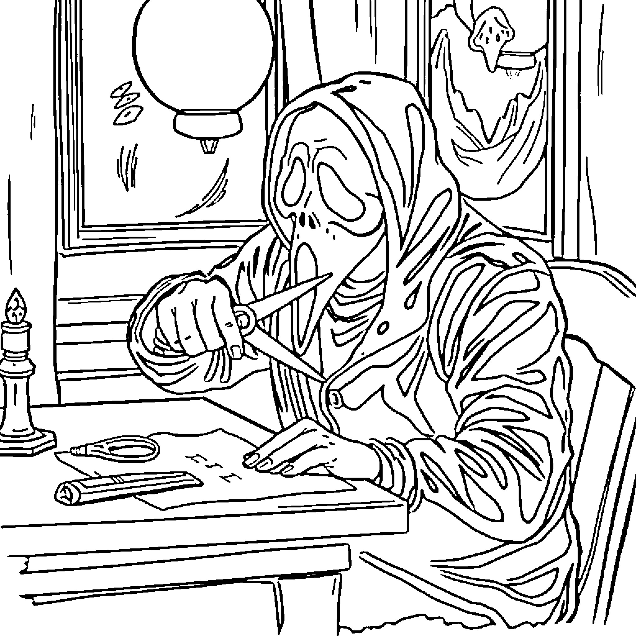 Ghostface Menacing Figure at a Desk Coloring Page (free black-and-white line drawing printable PDF for all, from beginners to advanced learners, including children, teens, adults, and seniors)