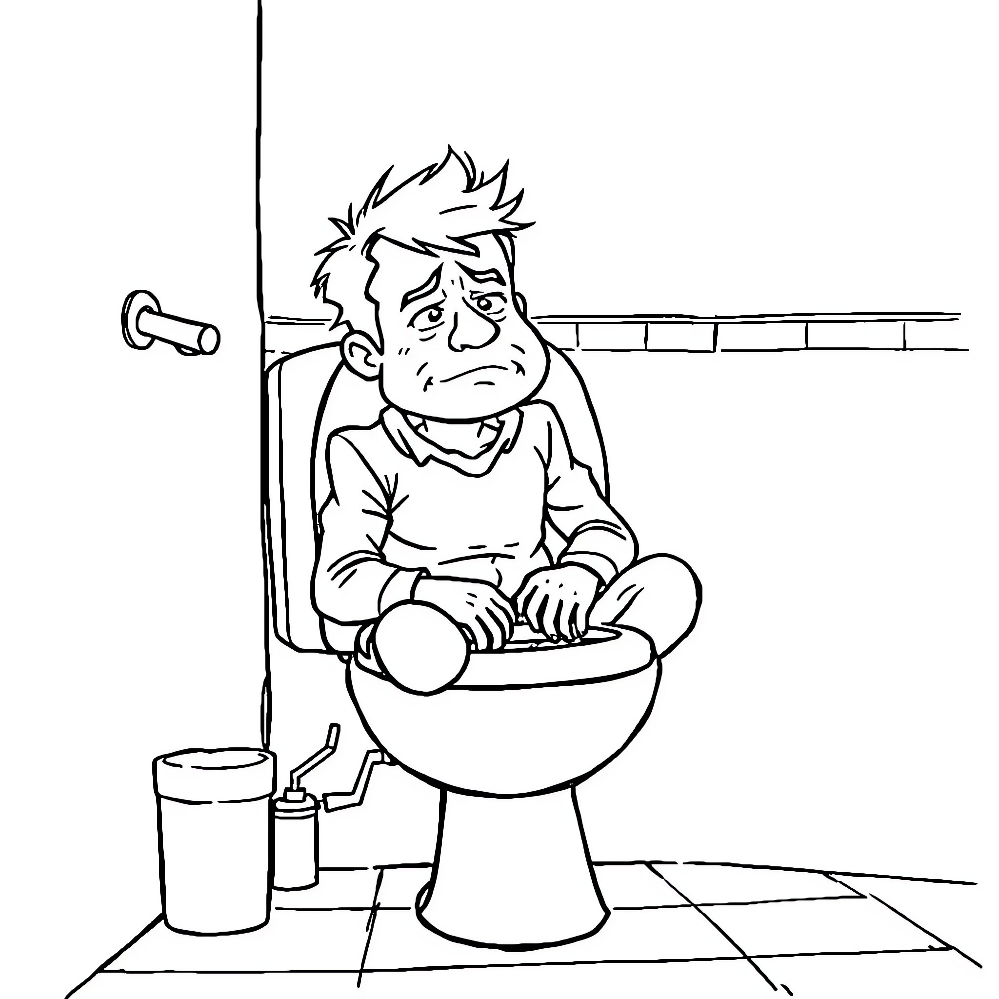Person sitting alone on toilet with a frown Coloring Page (free black-and-white line drawing printable PDF for all, from beginners to advanced learners, including children, teens, adults, and seniors)