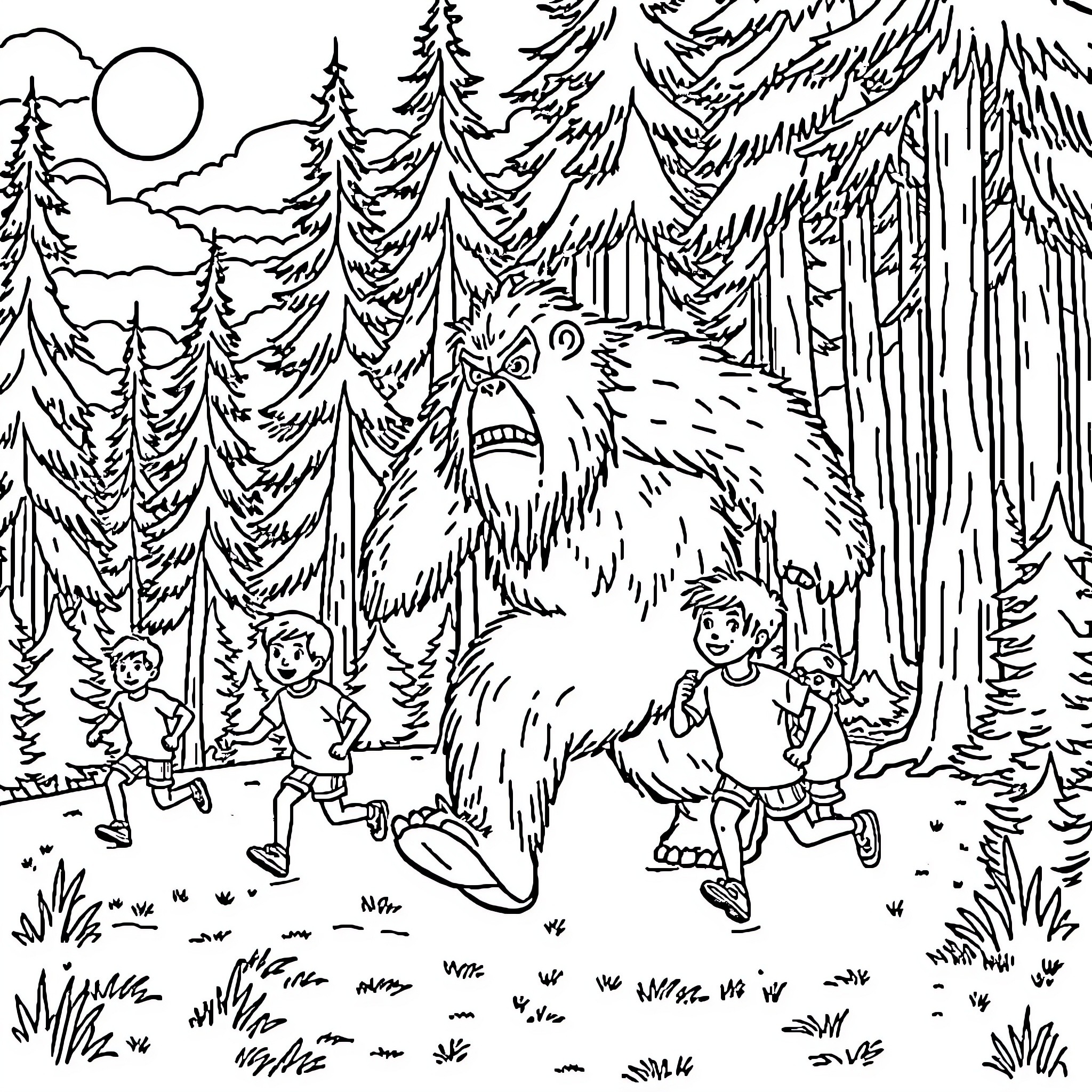 Bigfoot chasing children in the forest Coloring Page (free black-and-white line drawing printable PDF for all, from beginners to advanced learners, including children, teens, adults, and seniors)