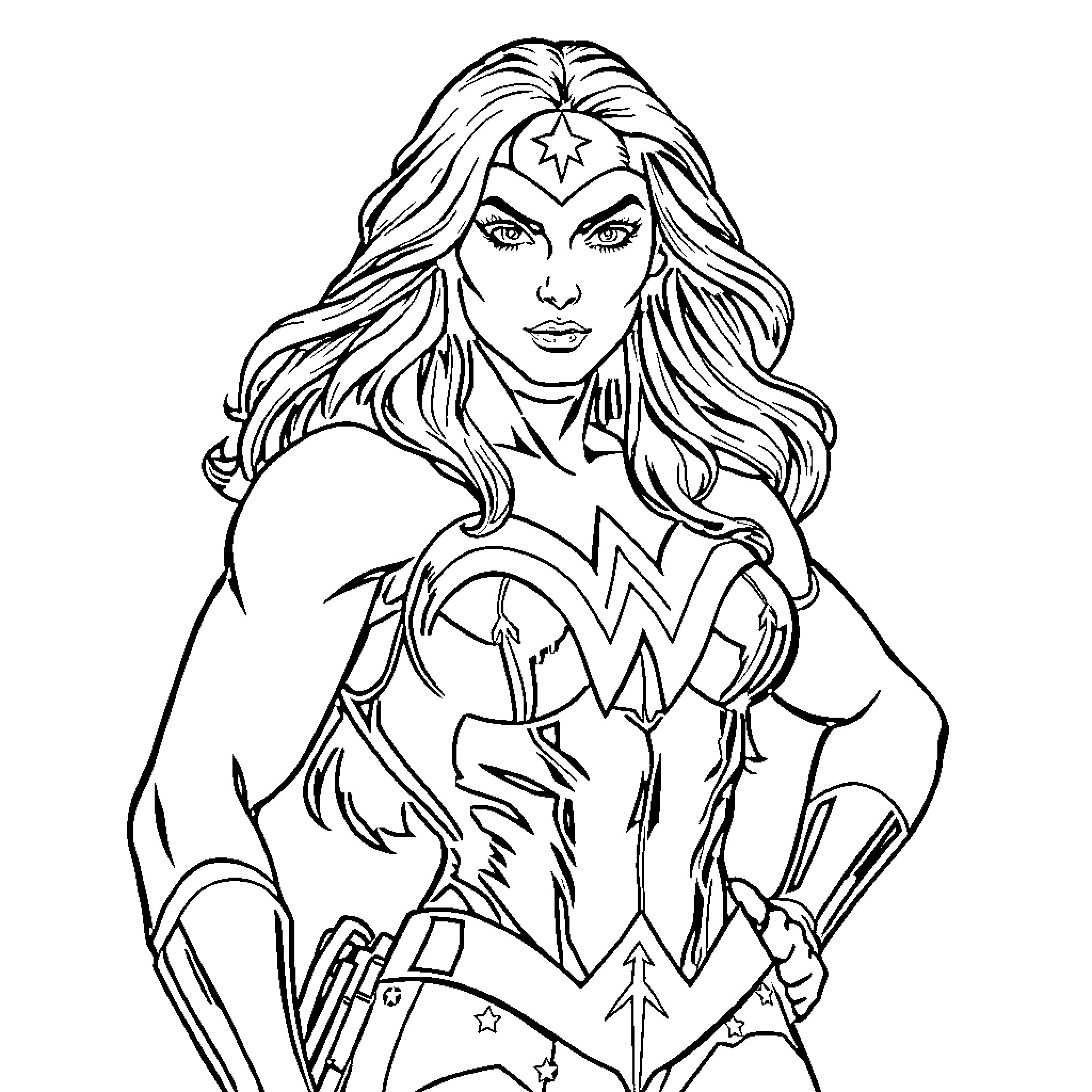 Wonder Woman in heroic battle pose Coloring Page (free black-and-white line drawing printable PDF for all, from beginners to advanced learners, including children, teens, adults, and seniors)