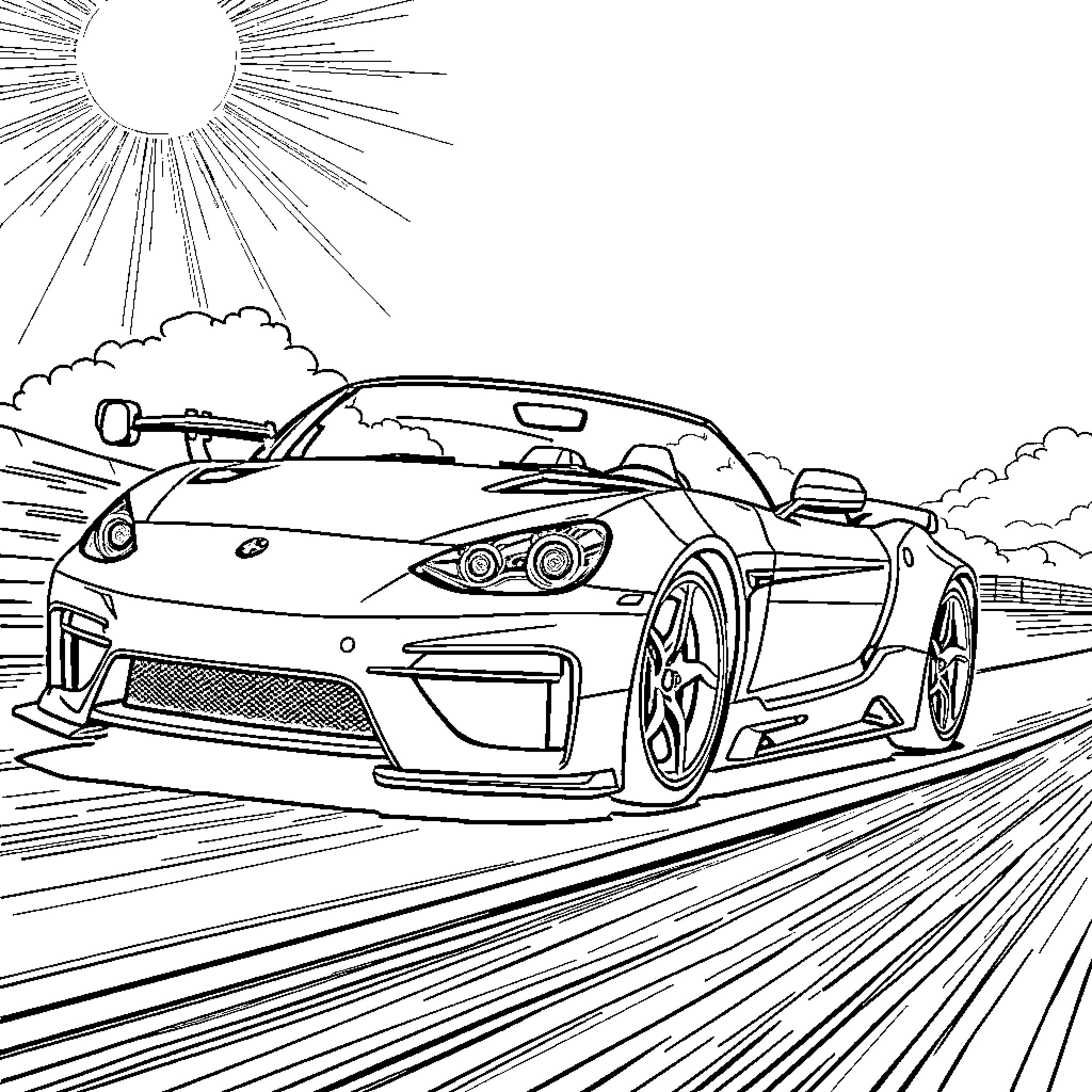 Sports Car Speeding on the Open Road Coloring Page (free black-and-white line drawing printable PDF for all, from beginners to advanced learners, including children, teens, adults, and seniors)