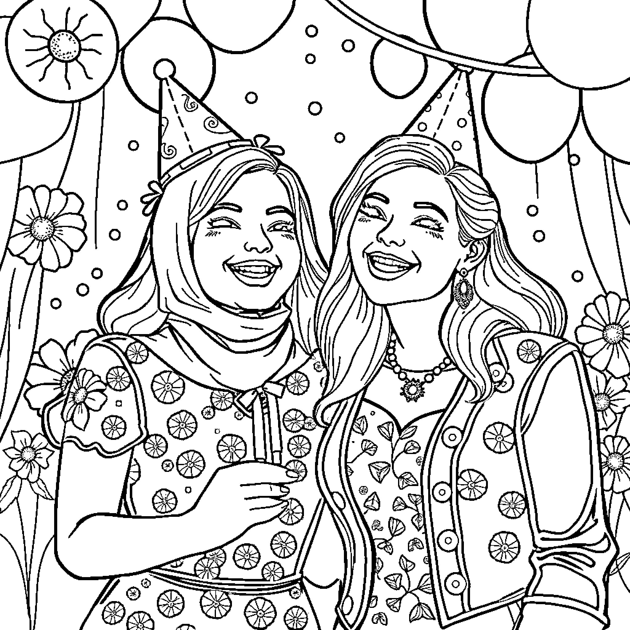 Twin sisters celebrating joyfully Coloring Page (free black-and-white line drawing printable PDF for all, from beginners to advanced learners, including children, teens, adults, and seniors)