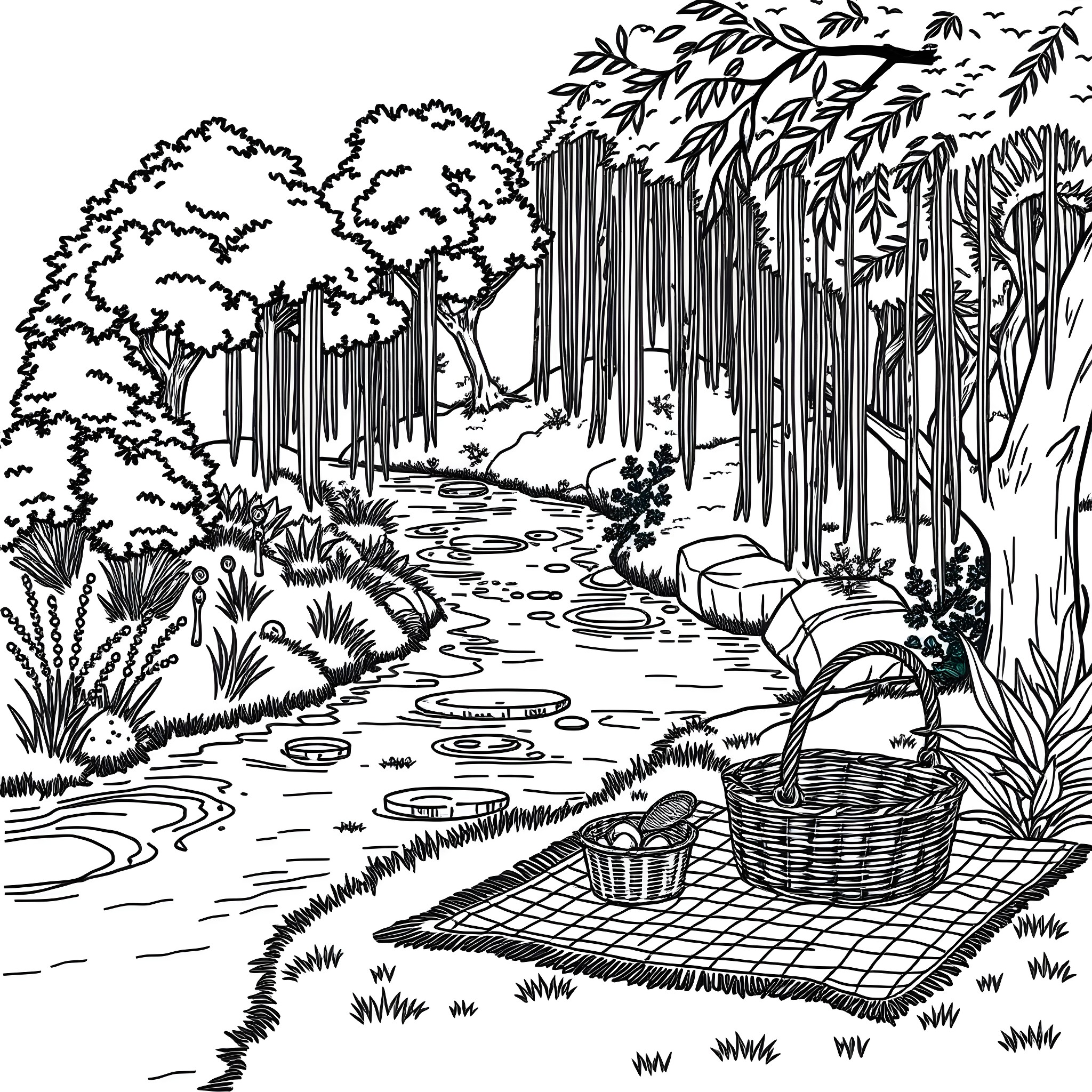 Nature Scene with Picnic Basket in Forest Coloring Page (free black-and-white line drawing printable PDF for all, from beginners to advanced learners, including children, teens, adults, and seniors)
