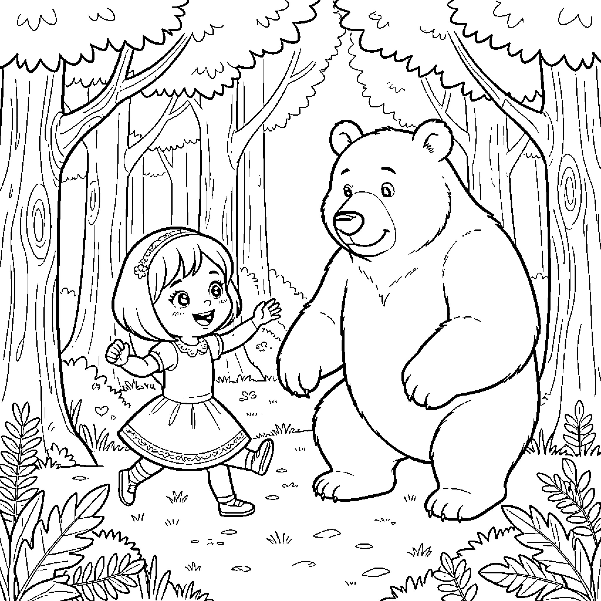 Masha happily walking and waving to a bear Coloring Page (free black-and-white line drawing printable PDF for all, from beginners to advanced learners, including children, teens, adults, and seniors)