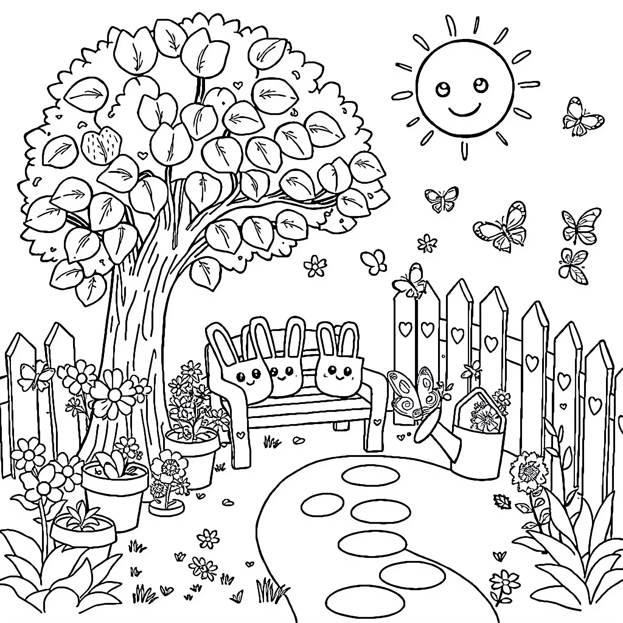 Garden of Playful Bunnies and Blooming Flowers Coloring Page (free black-and-white line drawing printable PDF for all, from beginners to advanced learners, including children, teens, adults, and seniors)