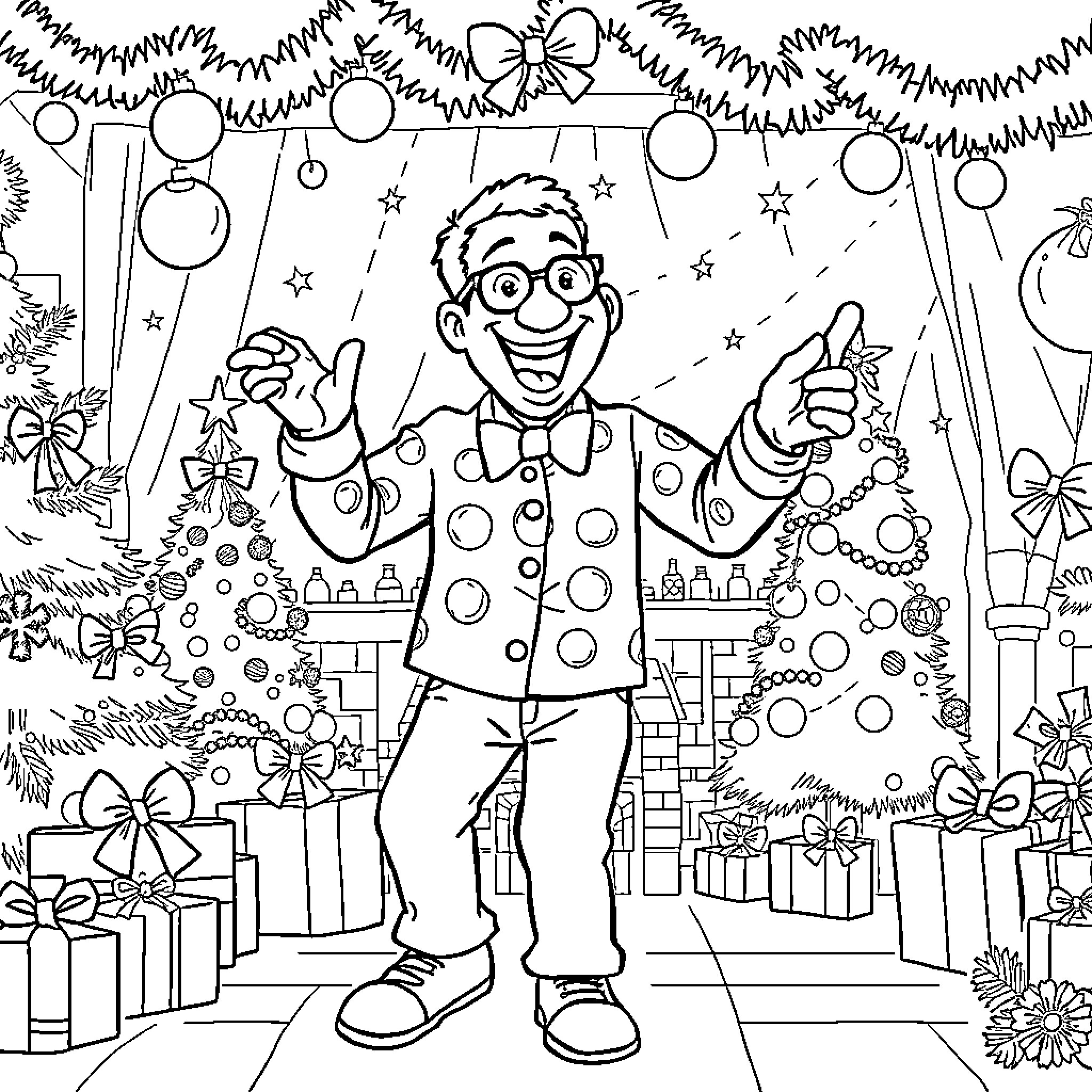 Steve Urkel celebrates a cheerful holiday with festive decorations Coloring Page (free black-and-white line drawing printable PDF for all, from beginners to advanced learners, including children, teens, adults, and seniors)